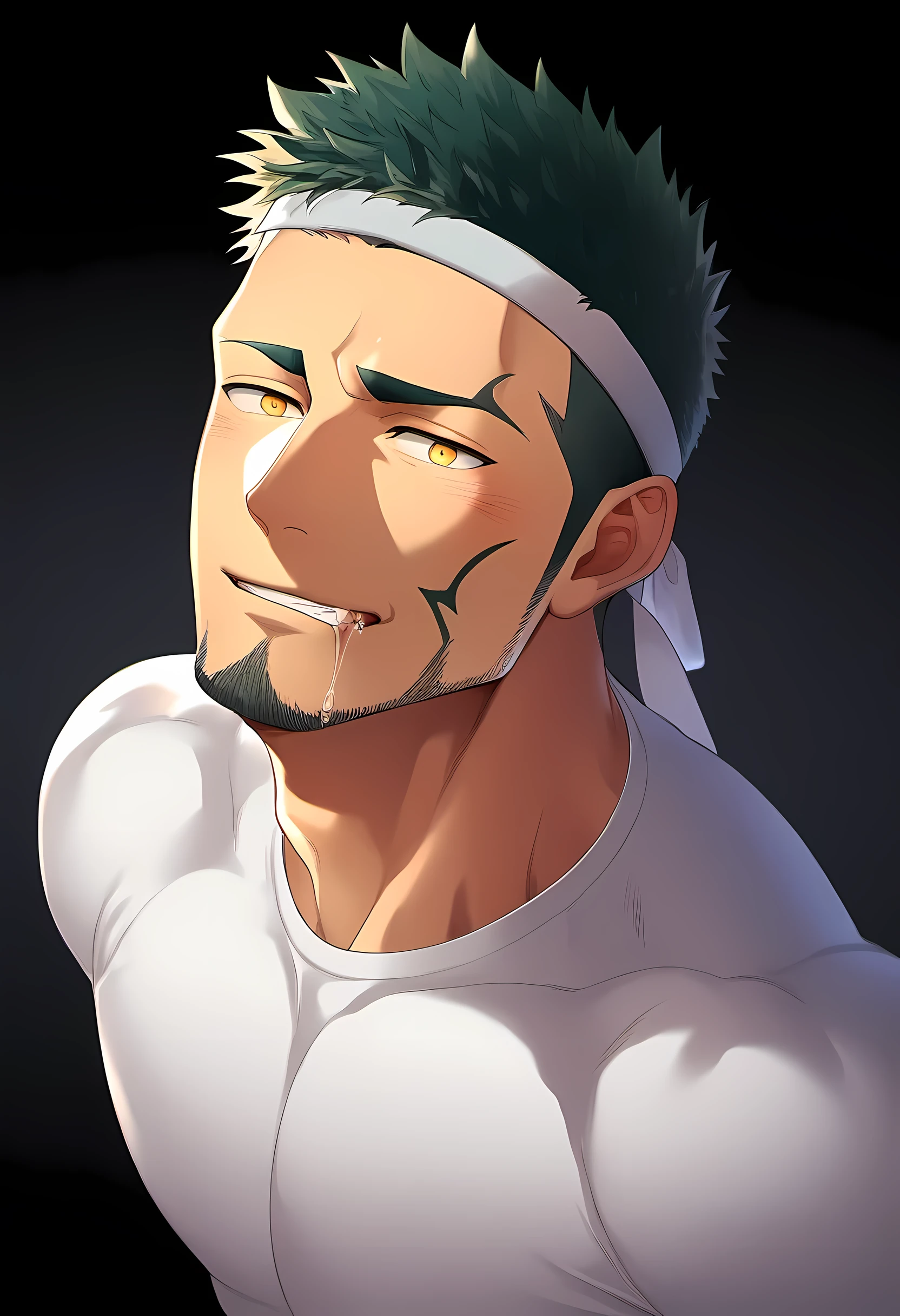 anime characters：Guy, Priapus, 1 young muscular man, male focus, Six pointed star tattoo on face, Sporty black headband, White spandex tight T-shirt, muscular male, muscular, only, Upper body, alone, white short hair, stubble, yellow eyes, black background, simple background, amazing quality, best aesthetics, Ridiculous, bright pupils, short hair, naughty face, torogao, open lips, traces of saliva, verbal invitation, Slobber, moan, blush, best quality