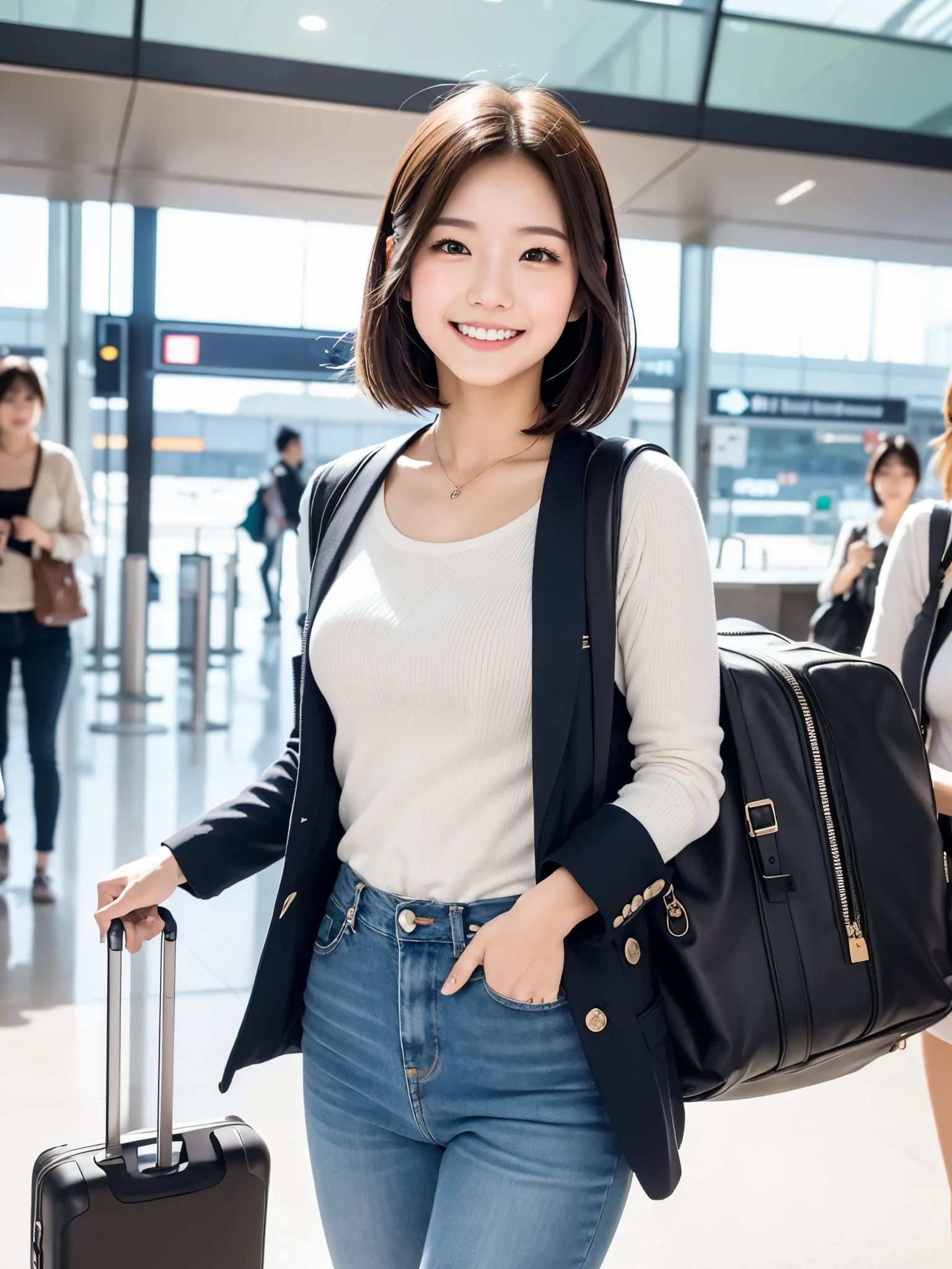 A cute 22-year-old Japanese woman is at Haneda Airport. She is standing near the boarding gate, holding a suitcase and a passport in her hand. The scene is set with a lively atmosphere, as people are bustling around, preparing for their flights. The woman's appearance is stylish and trendy, with a fashionable outfit that reflects her youthful and vibrant personality. Her eyes are bright and full of excitement as she anticipates her upcoming journey. The background features the iconic architecture of the airport, with its modern design and large glass windows, allowing natural light to fill the space. The lighting is soft and warm, casting a gentle glow on the surroundings. The overall image quality is of the highest standard, with ultra-detailed elements and realistic textures. The colors are vivid and vibrant, capturing the energy and liveliness of the airport environment. The prompt is packed with rich visual cues, such as "detailed eyes," "trendy outfit," and "lively atmosphere," ensuring a high-quality and aesthetically pleasing image.