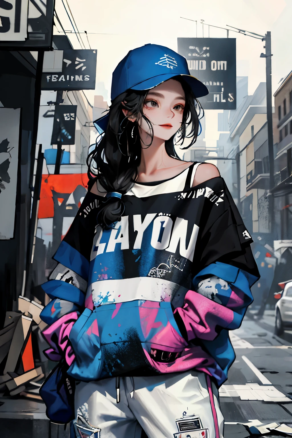 1girll,Back shadow splatter,paint splatter Sweatshirt,An off-the-shoulder garment,baseball cap,Alchemy Laboratory,the mystery of unknown territories,Put your hands in your pockets,random colorful long hair,Shoulder-length hair,Black eyes,Game scene graph, raining street background, cute little smile