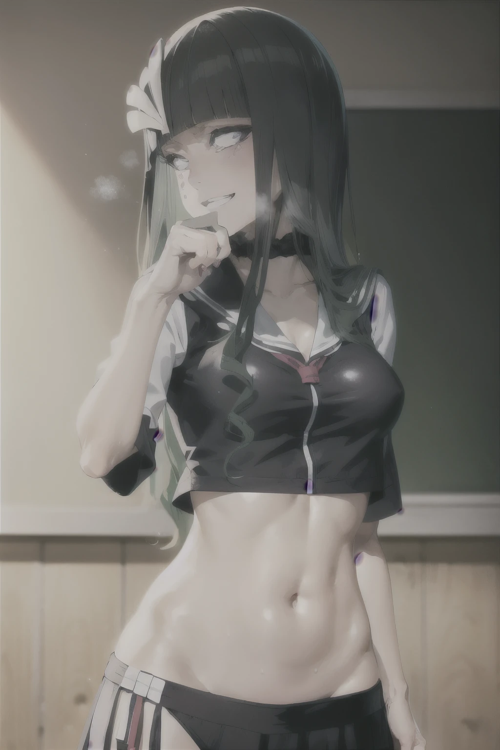  cyan_sung-sun, 1girl, solo, long black hair, purple eyes, masterpiece, best quality, highly detailed, a anime girls in sailor uniforms with a gun posing for a picture,
evil smile, smile, open mouth,black_serafuku, ecchi anime style, anime girls , (nsfw) not safe for work,
ecchi style, ecchi, shipgirls, digital anime art!!, high school girls, in anime style, official artwork, beautiful
anime high school girl, anime style 4 k, micro skirt, exposed belly, exposed navel, exposed midriff,
exposed lower belly,school, classroom,