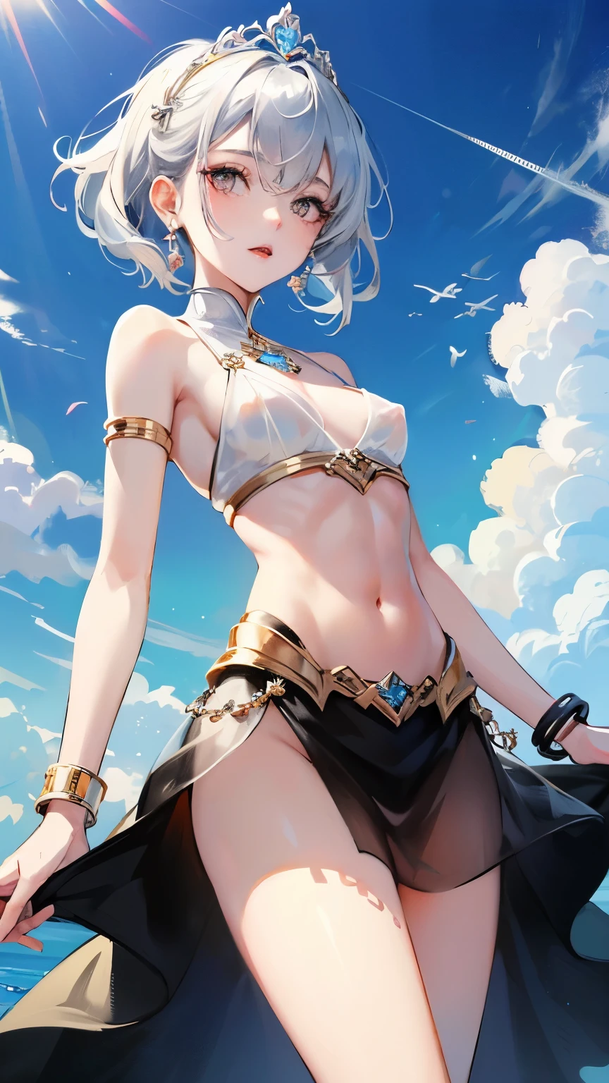 young girl silver hair white dress short hair dress with big jewels dress with a big slit dress that opens below the navel red eyes irreverent face look down thin body thin thighs small breasts small ass toned body wrist bracelet jewelry bracelet tiara with jewels sun ripped abs Skirt Dresses blue sky big cloud slanted eyes white skin I can see the nipples I can see the navel high quality high resolution 8K Waving in the wind Beautiful as a goddess perfection Symmetrical See-through