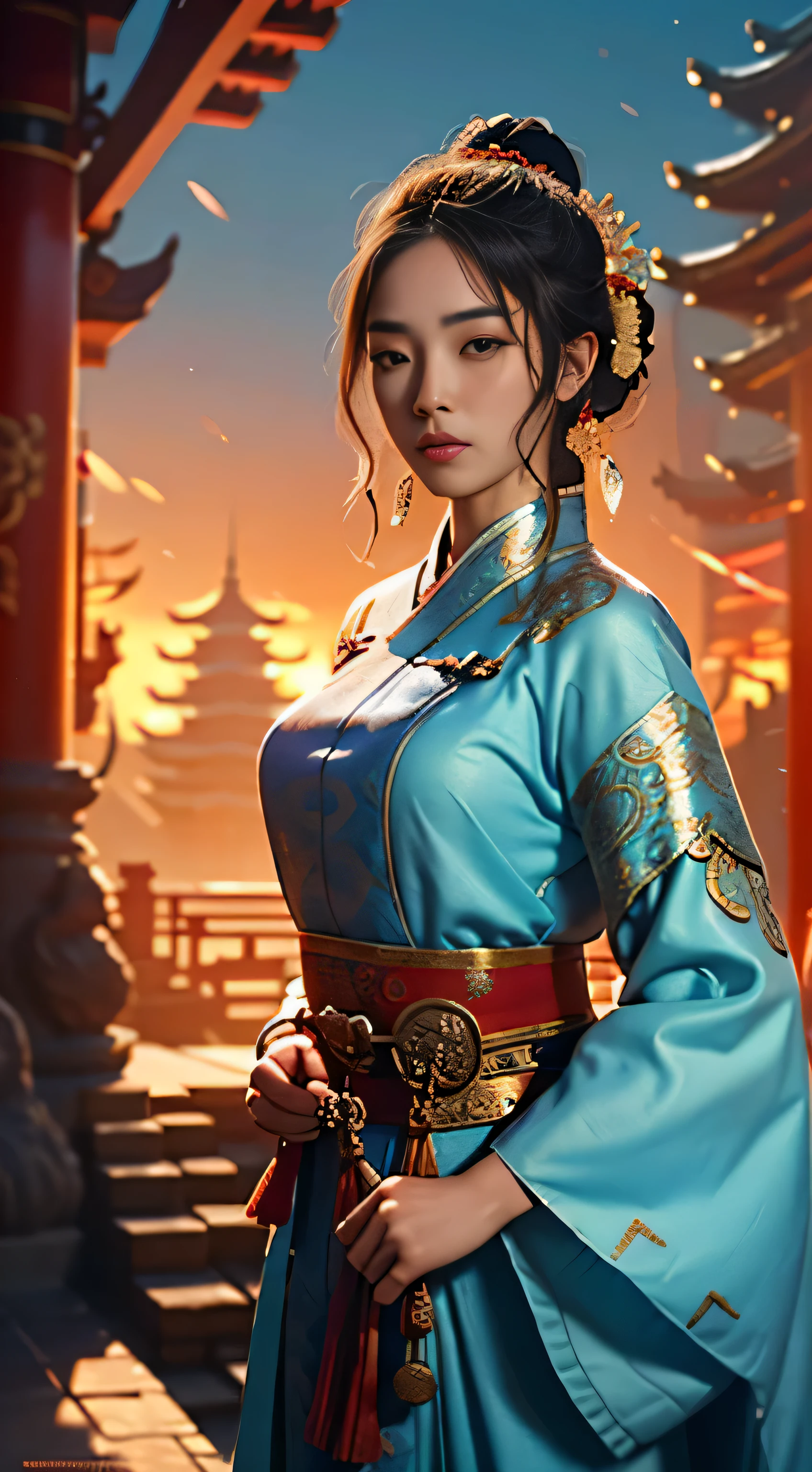 In the Three Kingdoms era, an exquisite and captivating solo female figure named Feiyufu is depicted in this high definition, octane rendered image. Set against a backdrop of a magnificent and cinematic ancient Chinese environment, her allure is further accentuated. Feiyufu's face, boasting superb detail and high definition, showcases cute and delicate features that surely catch the viewer's gaze. Her enchanting smile adds a  touch to the scene.

The intricate textures and intricatelypatterned clothes of Feiyufu stand out radiantly against a background filled with elements reminiscent of ancient Chinese culture. This ultra HD image emphas