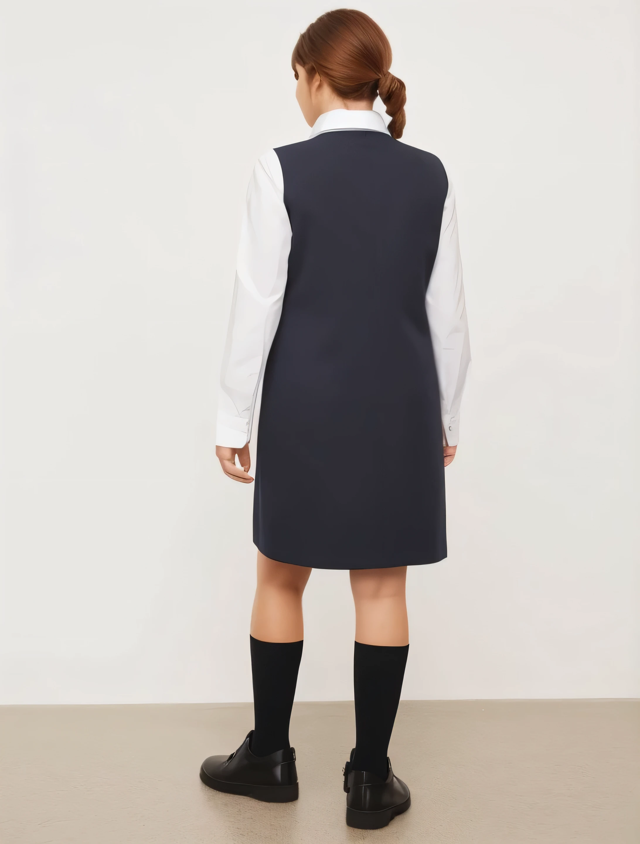 arafed woman in a Uniforme escolar standing in a room, Uniforme escolar, con dos bolsillos delanteros, eso, cuello alto sin mangas, 3 / 4 Vista trasera, vistiendo chaleco y falda negros, lineas limpias, Suave y crujiente, arte avanzado, vista trasera, uniforme de marinero con cuello suelto, vistiendo un vestido informal de negocios, ropa de oficina, arte mixto, mujer en vestido de oficina, Costa, mirada hacia atraz