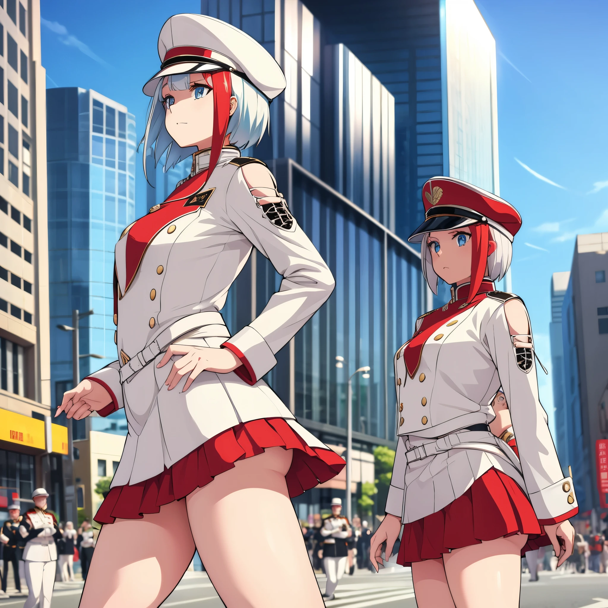 A girl with a white marching band uniform with gold details, short silver hair, red bangs, blue eyes, perfect arms, perfect legs, perfect fingers, marching band hat, with several people in the marching band background. on a big city road.
