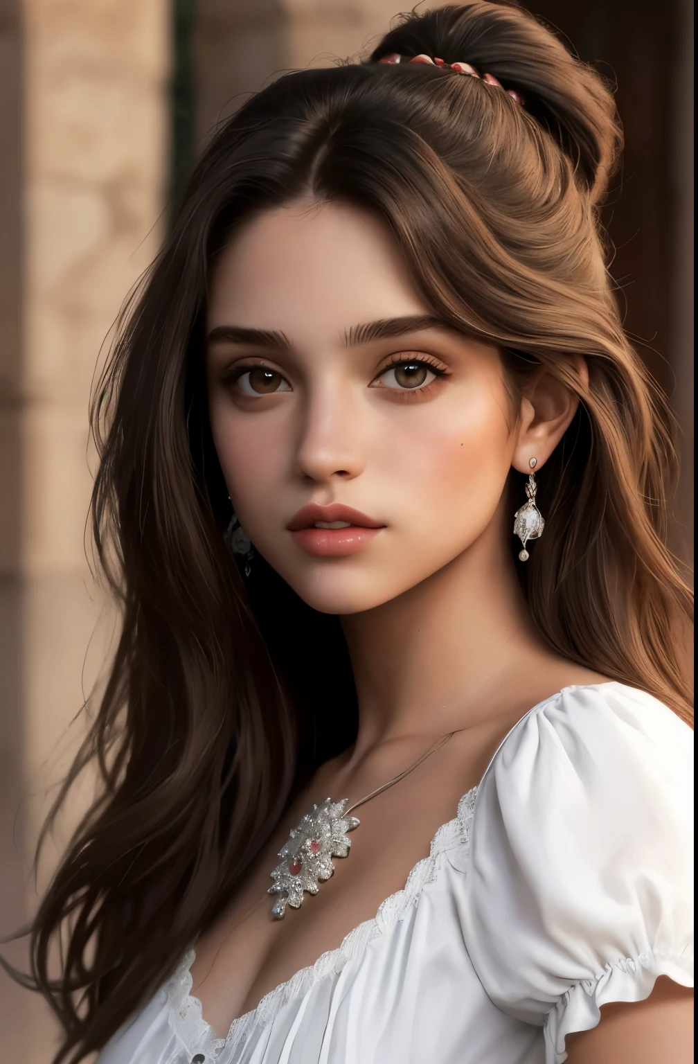 Retrato en 8k de una hermosa mujer joven, about 19 years, de pelo largo blanco, lacio, ojos de depredadora color rojo, fina nariz, labios carnosos pero sin exagerar, cuerpo voluptuoso en forma de reloj de arena, cara en fina, es una princesa y belleza especial