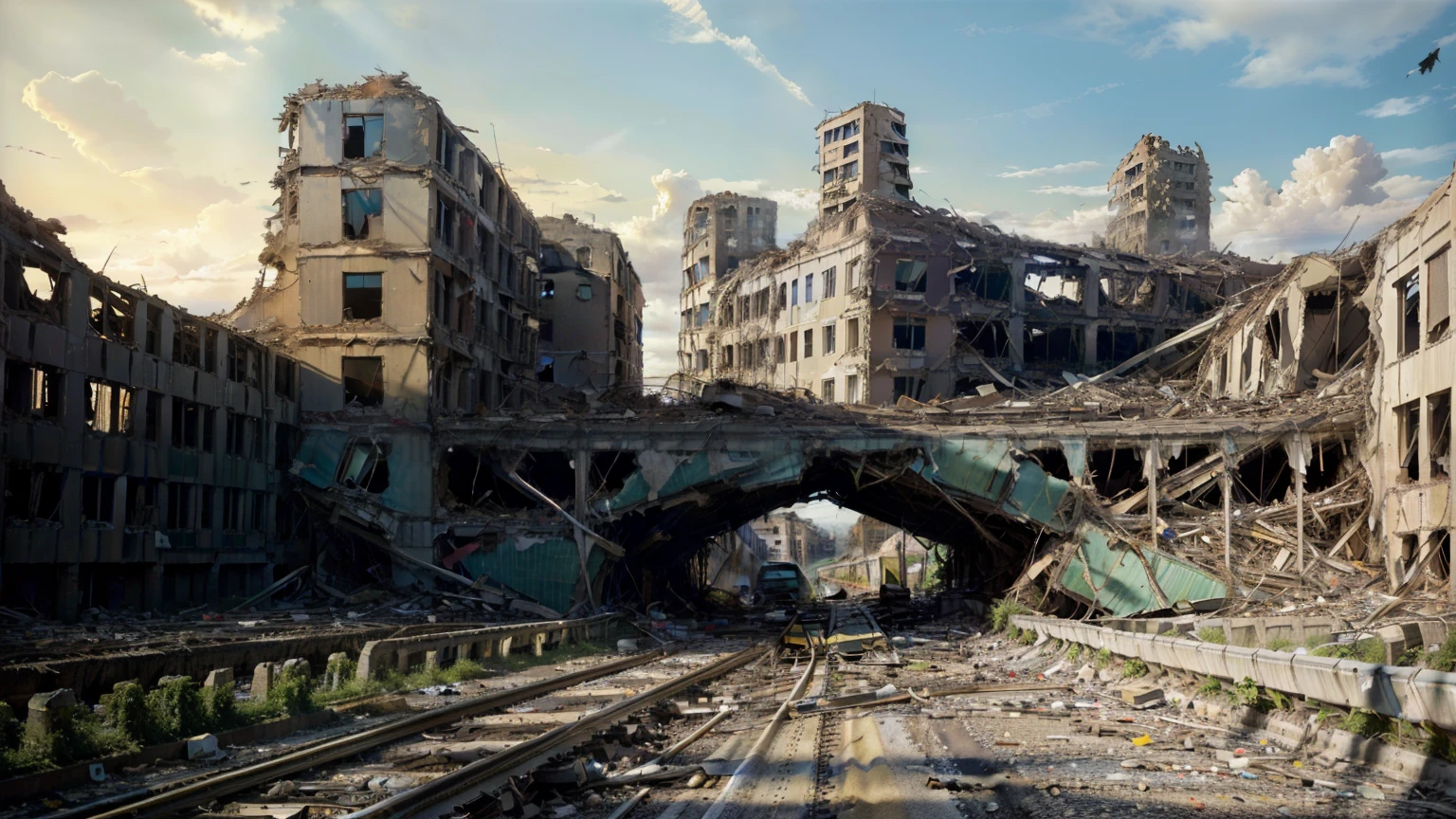 8K masterpiece, ((A city in ruins after the extinction of humanity)), ((soft light))、unmanned、collapsing building、Collapsed building、(highway:1.5)、(the plant is eroding,) 、ivy is tied to the building、wide angle、Drawn angle of view、Citywide、200 years after the demise of mankind、train、Yamanote Line