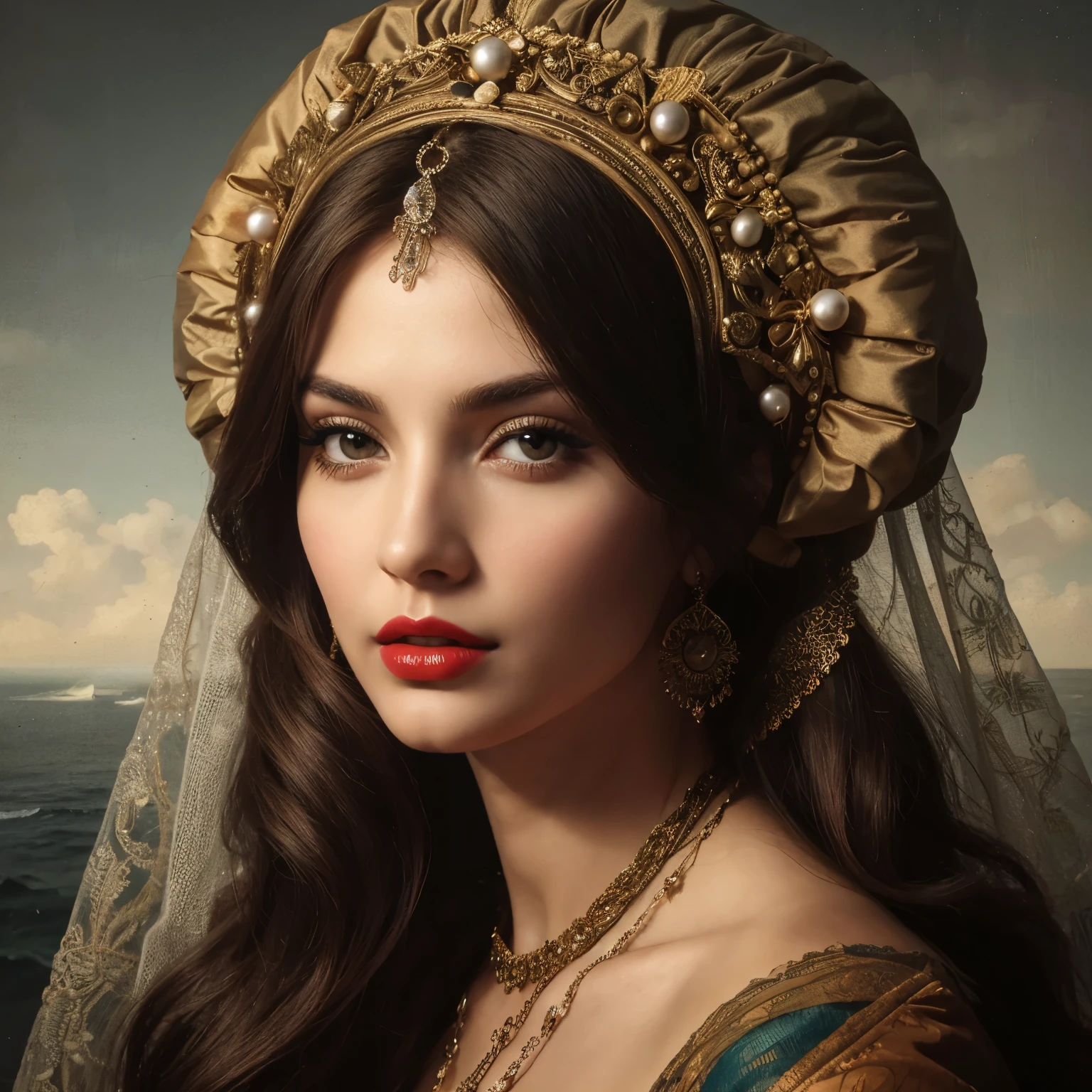Mulher jovem, com cabelos ondulados, Couro ultra texturizado, Olhos perfeitos, 22 anos de idade, Red lips, maximum quality, obra de arte, ultra-high resolution, Uma olhada no peito