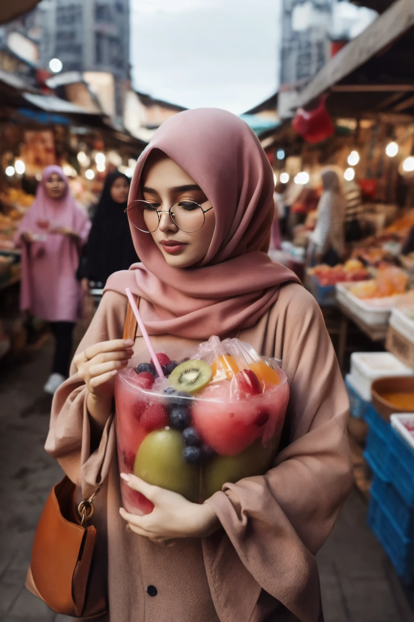 woman in hijab holding a bowl of fruit and a drink, cute woman, middle eastern style vendors, malaysian, hijab, semi realism, beautiful arab woman, beautiful female, beautiful iranian woman, attractive girl, gorgeous lady, beautiful oriental woman, portrait shot, with beautiful exotic, wearing a melon, inspired by Maryam Hashemi, by Basuki Abdullah, beautiful woman, beautiful aesthetic