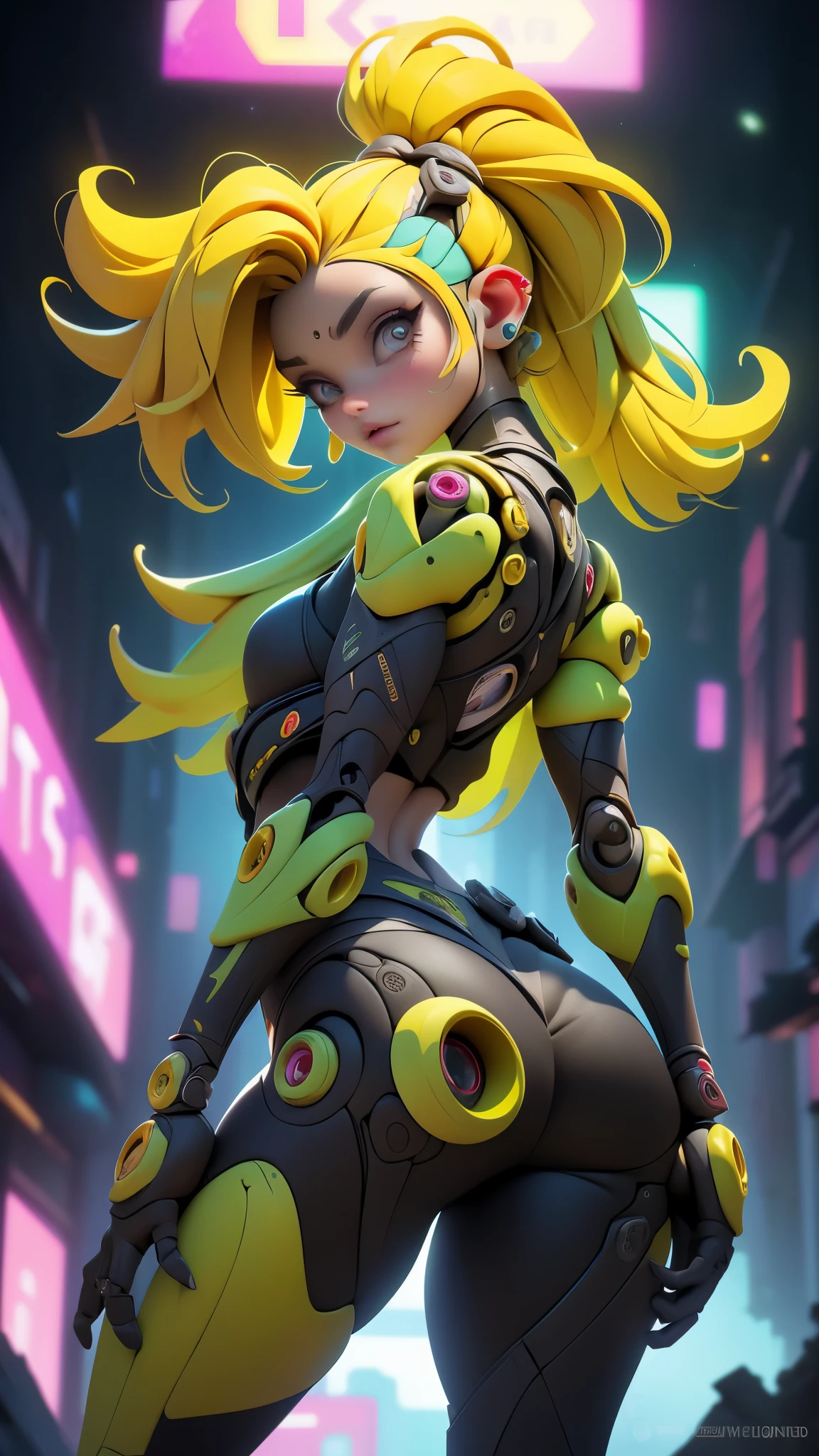 (rear view, backside view),(La mejor calidad,A high resolution,Ultra - detallado,actual),Ariana Grande ,(Superchica zombi de DC:1.4 ) , (yellow biomechanical :1.4 ) , robot complejo, crecimiento completo, hyper realistic, Crazy little details, (cyberpunk aesthetic) , brutalist gothic cathedral, ciberpunk, bokeh, neon lights, cyber member, (pose vaquero) ,More detailed 8K.motor irreal:1.4,hd,La mejor calidad:1.4, fotorrealista:1.4, textura de la piel:1.4, obra maestra:1.8,obra maestra, mejor calidad,objeto Objeto], (rasgos faciales detallados:1.3), (Chemical laboratory ruins background..:1.4 ), (ciberpunk 2.1), (dedos detailed :1.4 ), (perfect anatomy), (ojos hermosos rojos :1.4 ),( lenceria amarilla), (ojos detailed V2.1 ) 