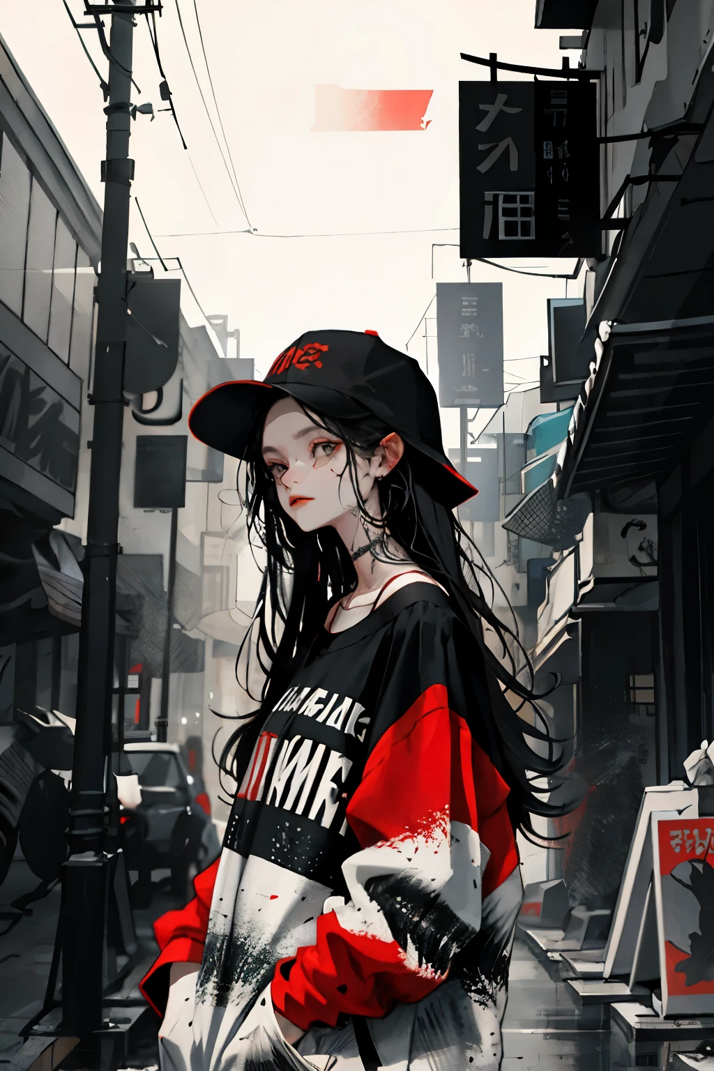 1girll,Back shadow splatter, red paint splatter Sweatshirt(black ish color),face and neck tattoo, An off-the-shoulder garment,baseball cap,Alchemy Laboratory,the mystery of unknown territories,Put your hands in your pockets,random colorful long hair,Shoulder-length hair,Black eyes,Game scene graph, raining street background