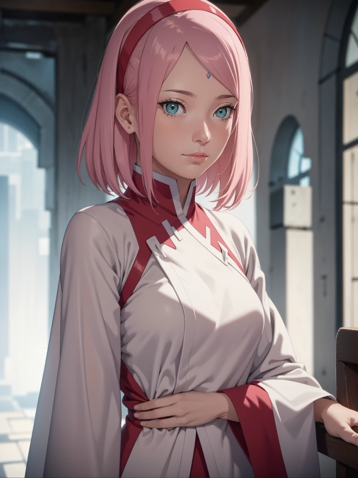 film movie still、1girl in、It's standing、24 years、pale-skinned、innocent smiles、white stockings、((A detailed face))、(Detailed skin)、Moist with intricate details、Shallow depth of field、[volume fog、shot at 8k resolution、Sakura Haruno,A pink-haired,short detailed hair,Red headband,Green eyes,Close-up, upper body