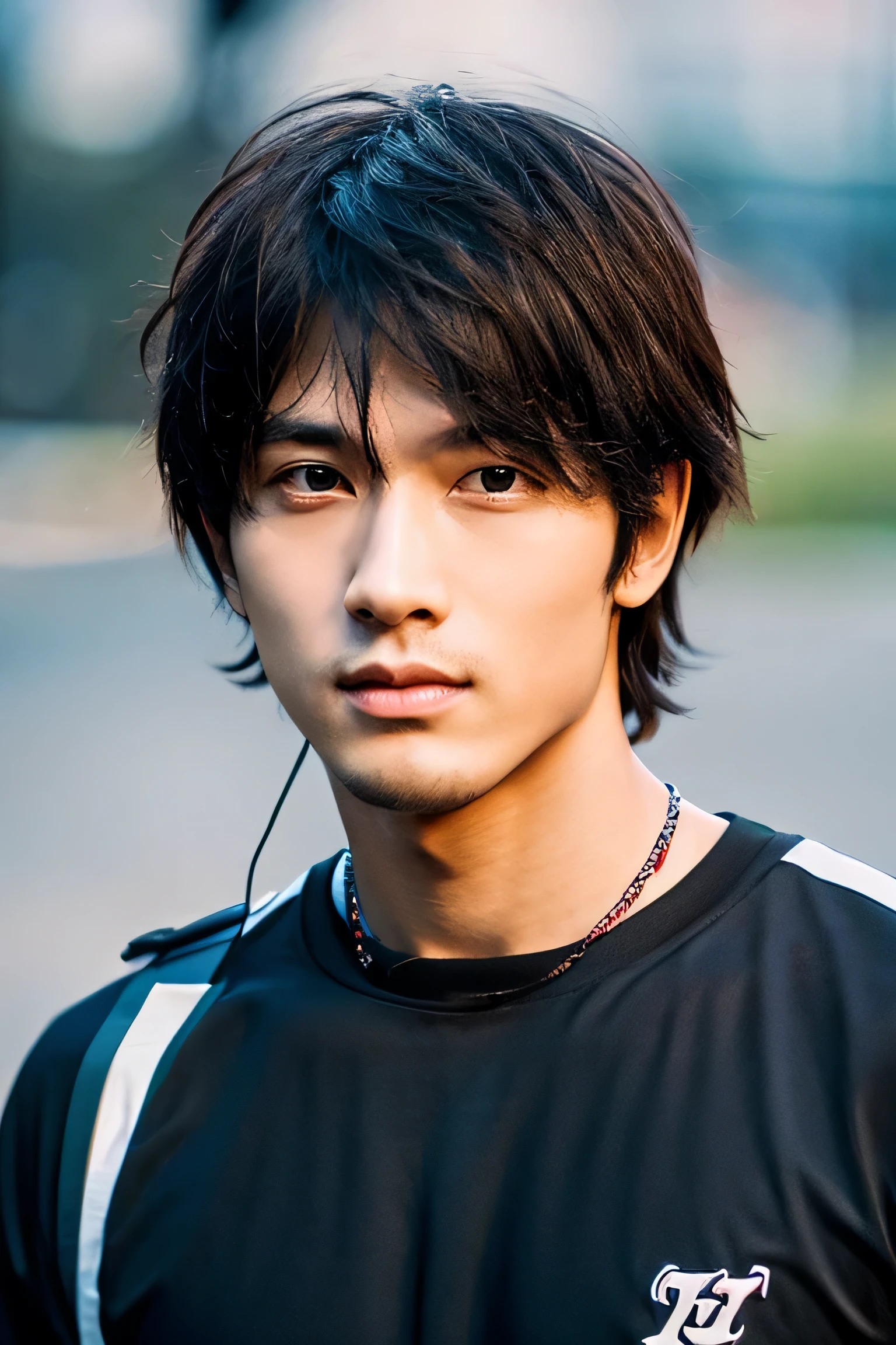 Realistic photo of a man wearing a t-shirt "thunder" written on his chest.