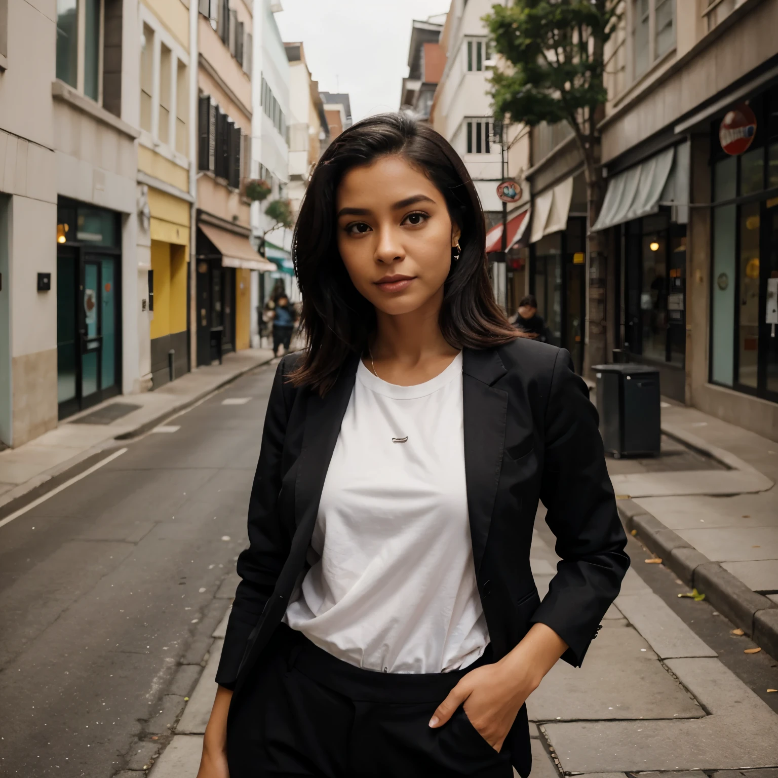 crie um personagem estilo Pixar. The character possesses these characteristics: pele clara, cabelo ondulado loiro longo, olhos castanho escuro, black pants, blazer rosa e camiseta preta, Ambiente: joalheria