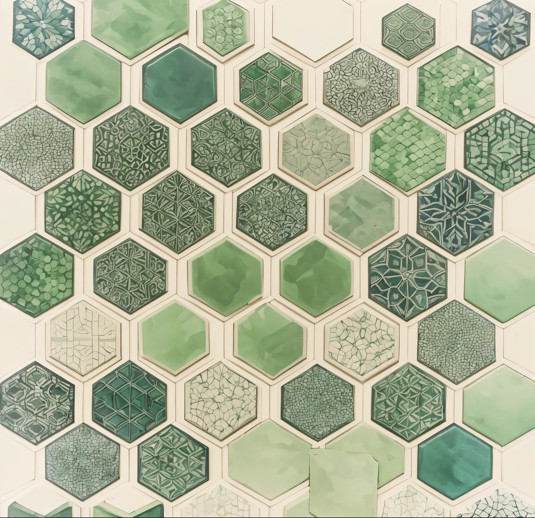 a close up of a painting of a bunch of green ceramic tile, hexagons, hexagonal pattern, hexagonal, overlaid with Indigo dye pattern, Indigo dye pattern, hexagonal wall, hexagonal stones, hexagon, honeycomb hall, Monochrome mosaic, ceramic tile, hexagonal shaped, geometric wallpaper, pattern art