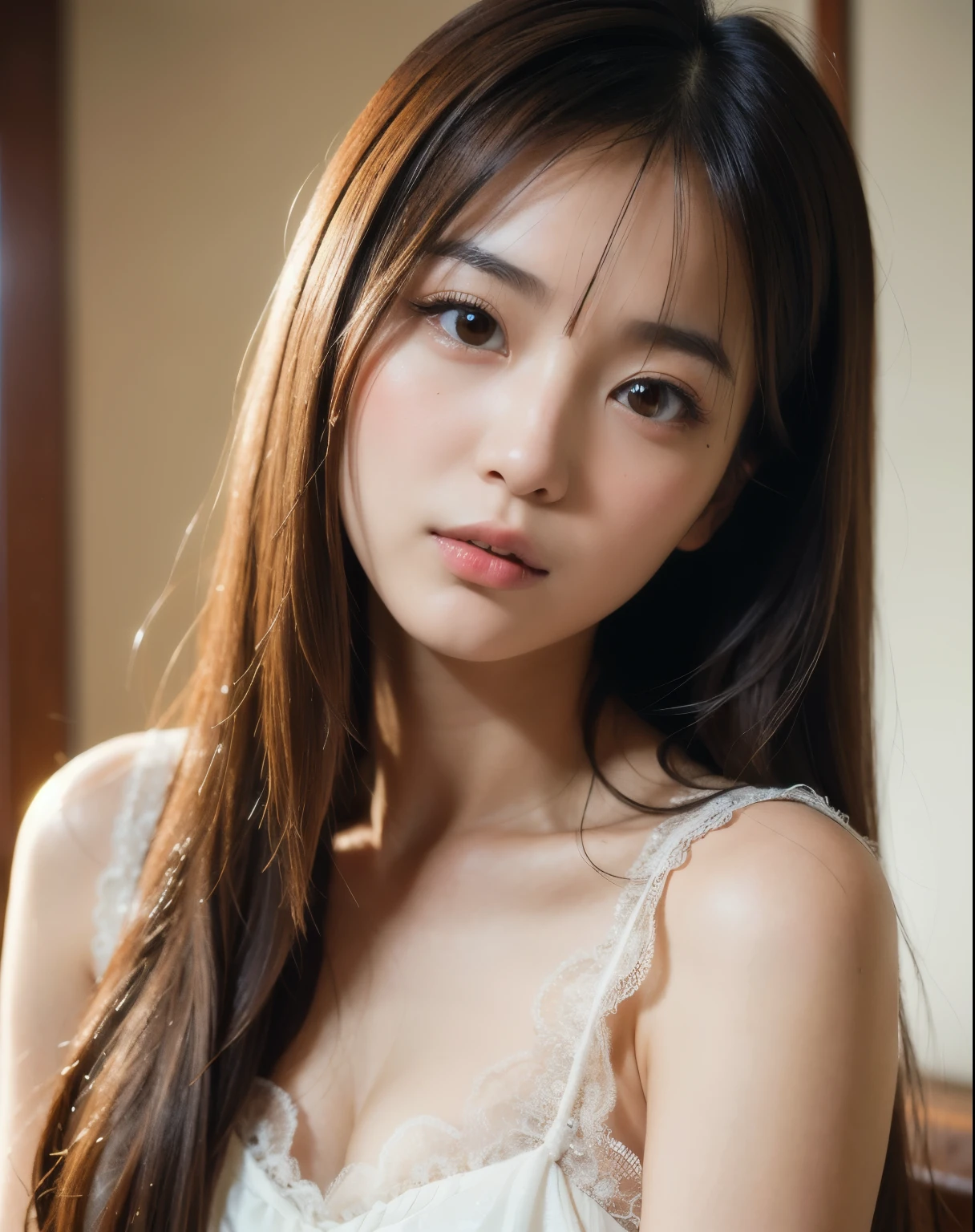highest quality, face focus, soft light, ultra high resolution, (realistic:1.4), RAW photo,
1 japanese girl, alone, cute, (pupil, light in the eyes), detailed beautiful face, (),(High resolution details of human skin texture),
(long hair),
indoor,
damask shirt dress,
(portrait)