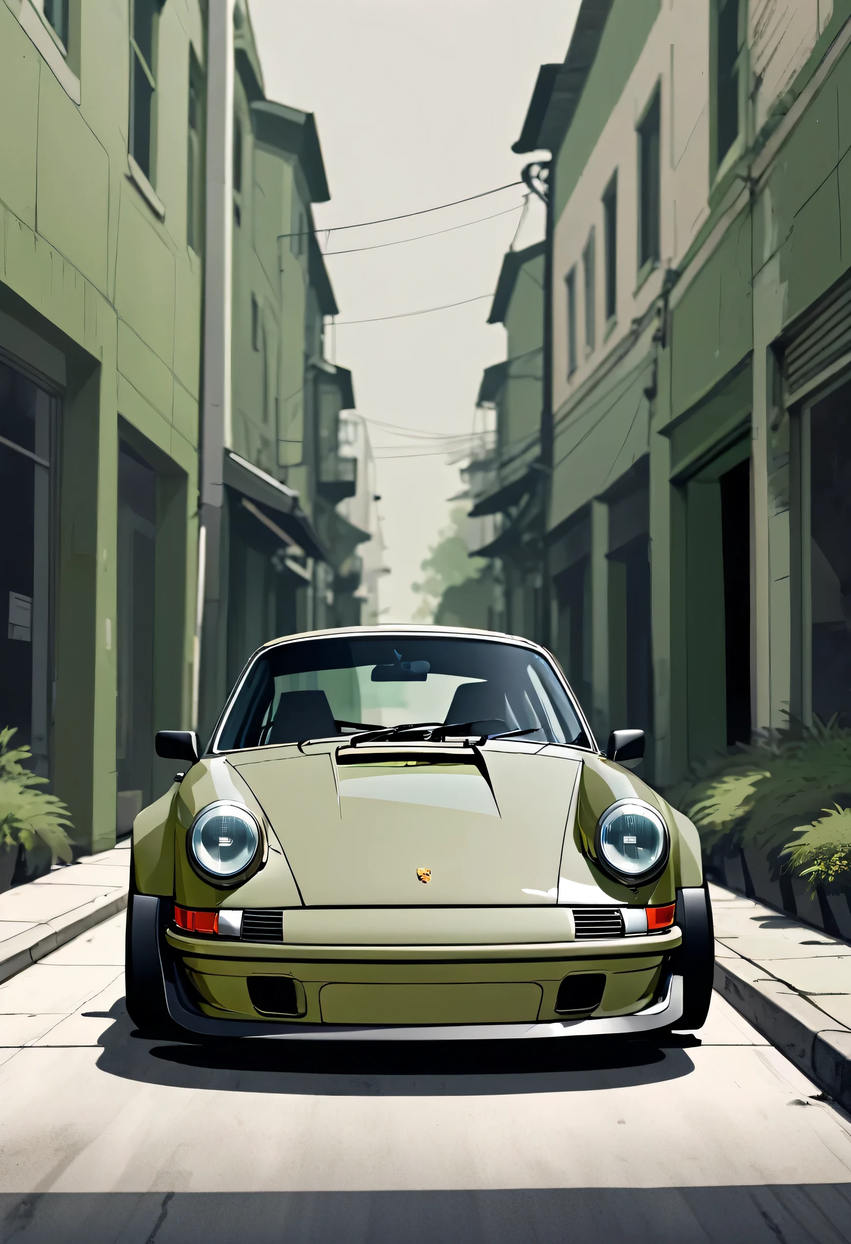 A Porsche 911 rwb， Minimalist, Disjointed,Editor， illustration ，Dark beige and moss green