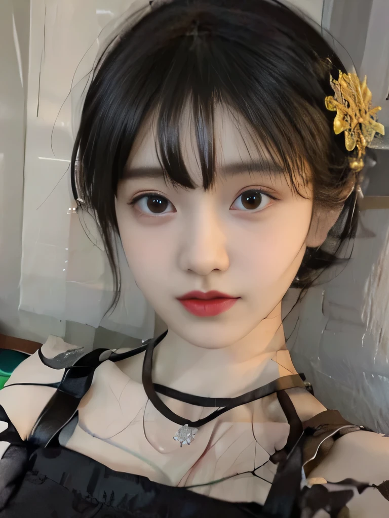 1girl、中国のChina dress、short bob、flower hair ornament、I can see the collarbone、purple lipstick、China dress、