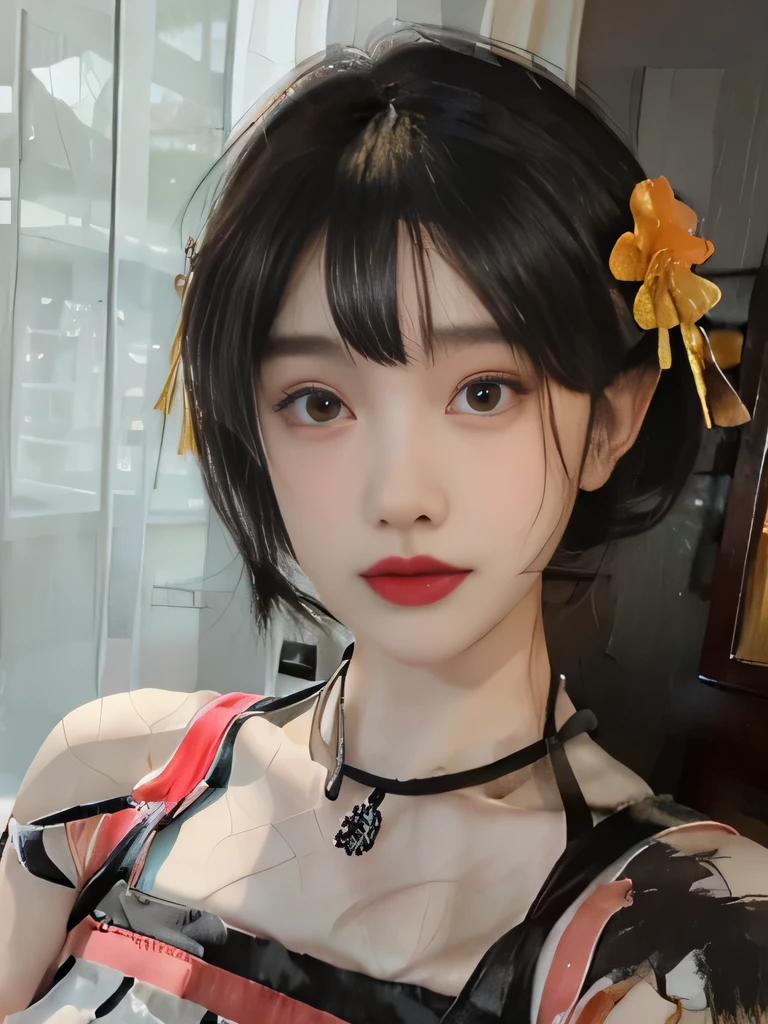 1girl、chinese cheongsam、short bob、flower hair ornament、I can see the collarbone、purple lipstick、red cheongsam、