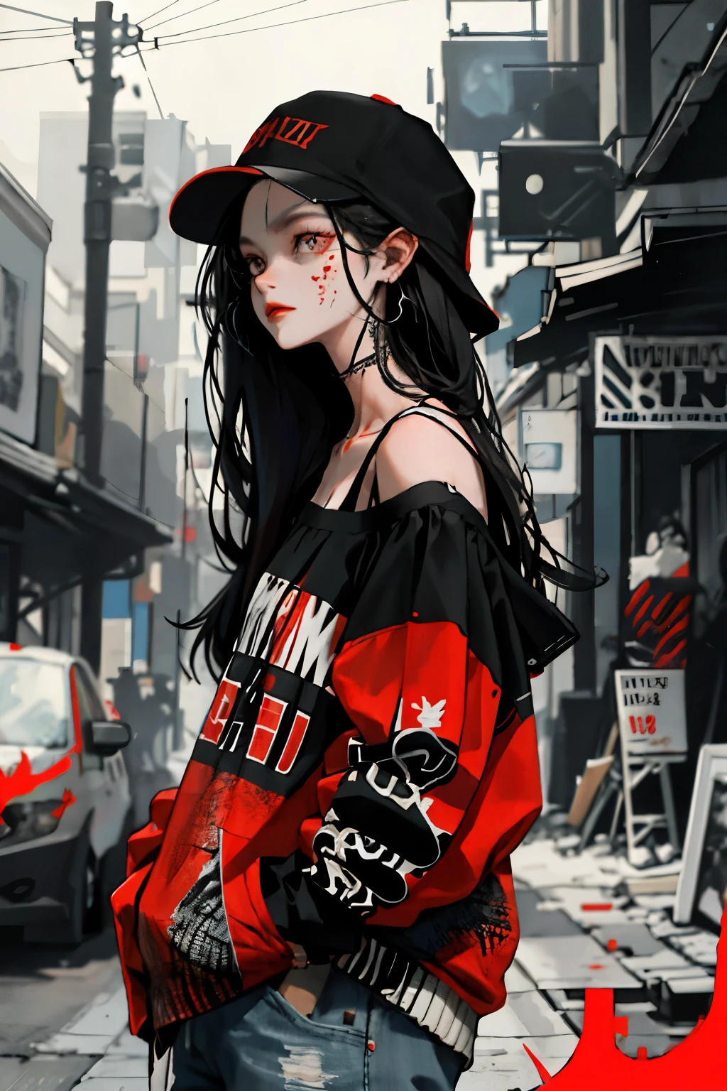 1girll,Back shadow splatter, red paint splatter Sweatshirt(black ish color),face and neck tattoo, An off-the-shoulder garment,baseball cap,Alchemy Laboratory,the mystery of unknown territories,Put your hands in your pockets,random colorful long hair,Shoulder-length hair,Black eyes,Game scene graph, raining street background