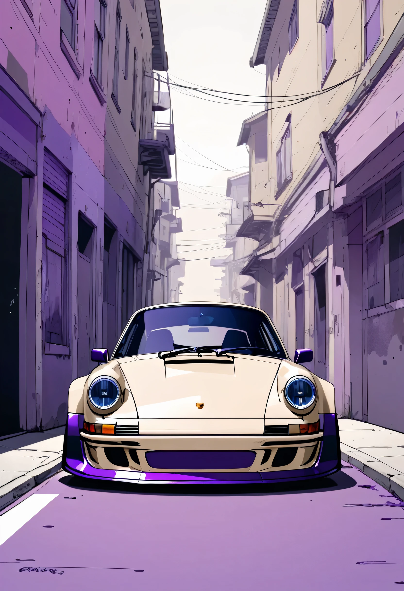 A Porsche 911 rwb， Minimalist, Disjointed,Editor， illustration ，Dark beige and purple