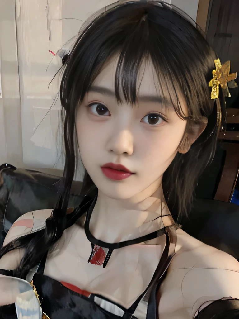 １girl、chinese cheongsam、short bob、flower hair ornament、I can see the collarbone、purple lipstick、red cheongsam、