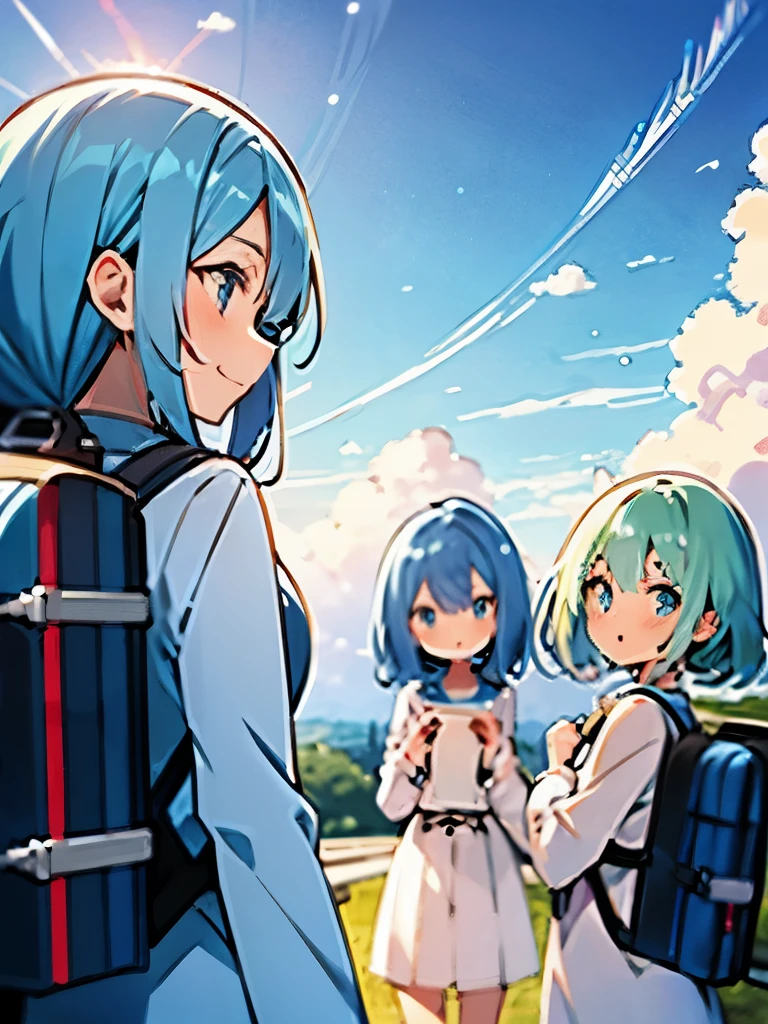 sky blue hair、 marshmallow , highest quality, super detailed,(),this anime, ,anime moe art style,Animated illustration, (beautiful eyes), ((cute)), cute, (Lovely),, , shiny skin, ,ultra high resolution,
(((3 girls))),whole body,,smile,open your mouth,,Rear view,town,outdoors,Backpack,profile