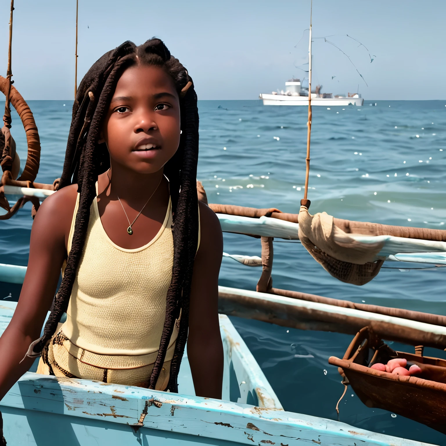 A black teenage girl with dark brown long locs hair on a boat in a sea, with fishing nets, having a vision of life in the city