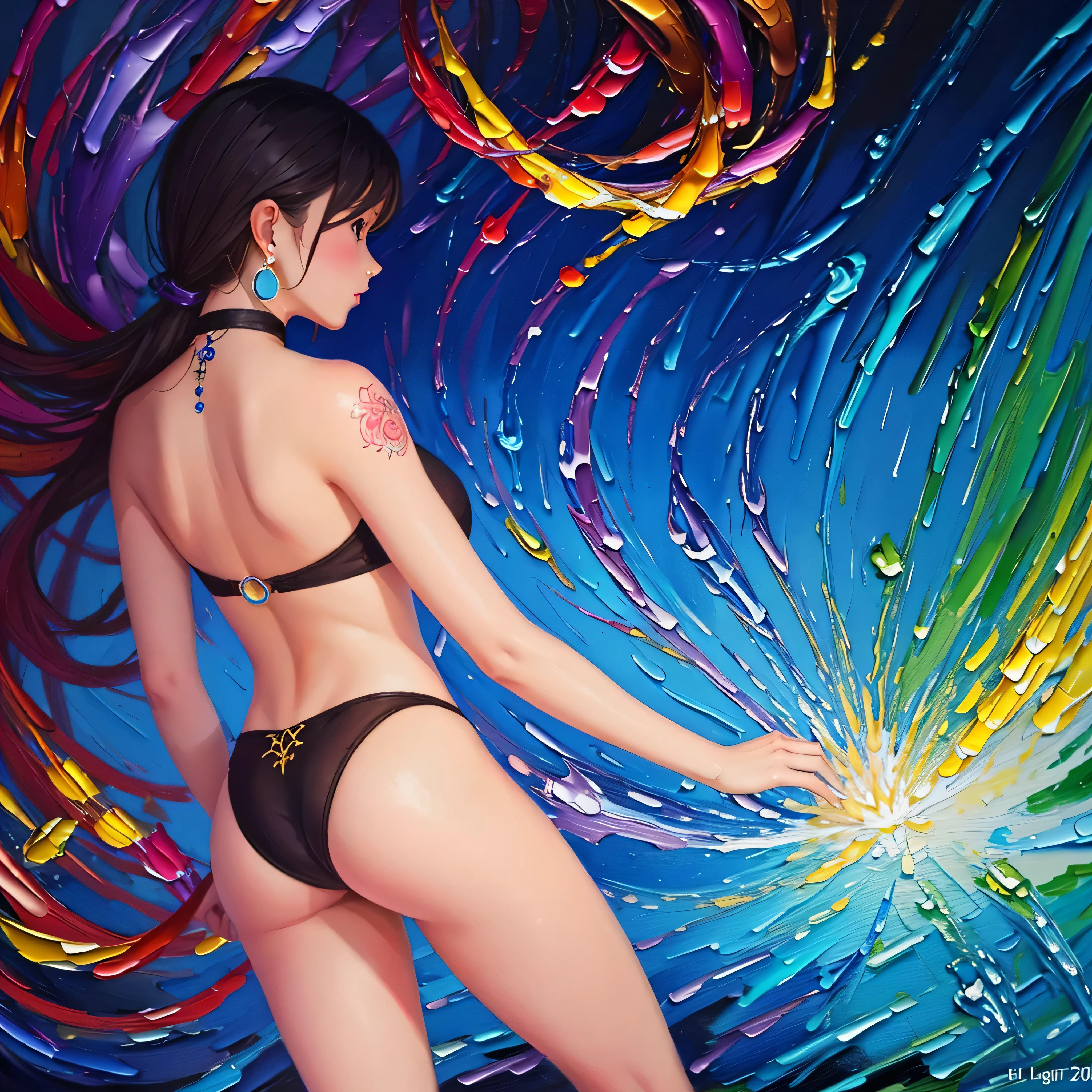 Kunzite Magic Circle (Back View Style Raw skin hairry silks), (epic Pro Photo-realistic Back-View), Beautiful detailed girl Cinematic_Bio-Lighting, (oil painting:1.5), (NSFW:1.2 Back-View fullbodye liquid colorful droplet indigo Lava drop oil sundrop radiant sapphire indigo turquoise), 1girl laying, feature, pureerosface_v1, Ambilight, slender waist, (splash, brushwork:1.5),double exposure, fussion of fluid abstract art,(original illustration composition),(fusion of limited color, maximalism artstyle, geometric artstyle) Incorporate vibrant colors, dynamic brushstrokes, necklace tourmaline and intriguing textures to capture the essence of the subject's inner world, black choker cadena, pink ribbons, dynamic pose, delicate stockings, long shot]:0.8, GlowingRunesAIV2_paleblue slippers, ultra close-up, Purity face epiceyes, ((​tmasterpiece)、(top-quality)、(ultra reallistic))、epic beautiful queen、Bondage style、latex shiny、By Luis Royo:1.4、1girl in、Sexy Daughter、Small fashionable tattoos、Attractive earrings with impressive beauty、a choker、a necklace、piercings、Super beauty、Super Ultra Bikini、standingn、fullllbody、Beauty in return、Fantastic mythological landscape, unrealengine5 ultra Cinematic_moonlight ultra_high-definition Masterpiece deep path equirectangular ultra_high-resolution symmetrical meticulously intricate analogique ultra Pro-photo-realistic ultra_high-quality ultra_high-details optimal accurate cgi vfx sfx reflex 3dcg max radiant vivid color-coded extreme improved Octane_rendered UHD XT3 DSLR HDR romm rgb pbr 3dcg fxaa blay fkaa txaa rtx ssao enhanced ultra_sharp-focus varied multi etc. zentangle tangle mandala entangle --v6 --s1000 --c20 --q5 --chaos100