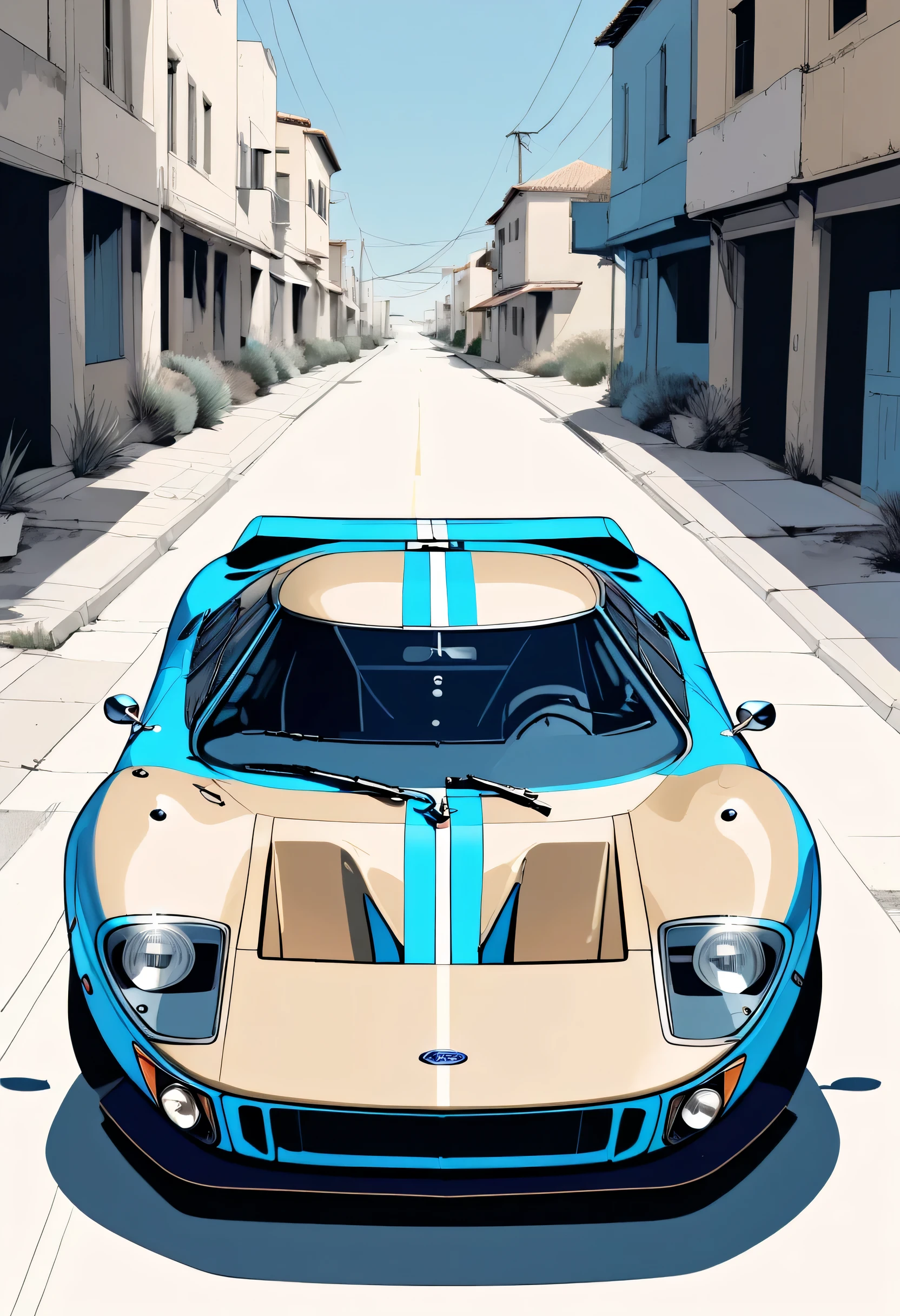 A ford gt40, Minimalist, Disjointed,Editor, illustration ,Dark beige and blue