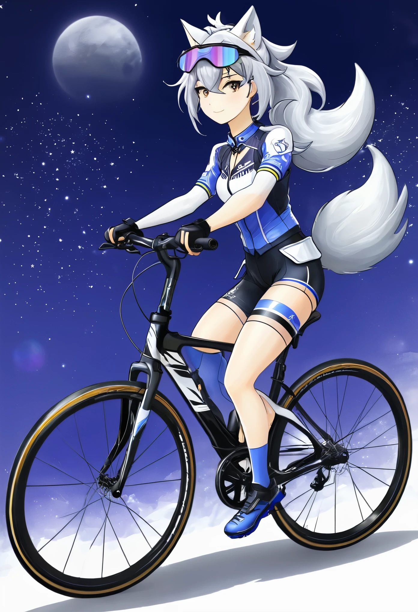 Make a drawing about silver wolf from honkai star rail as a cyclist 