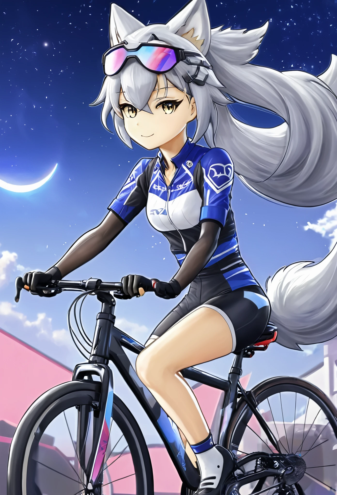 Make a drawing about silver wolf from honkai star rail as a cyclist 