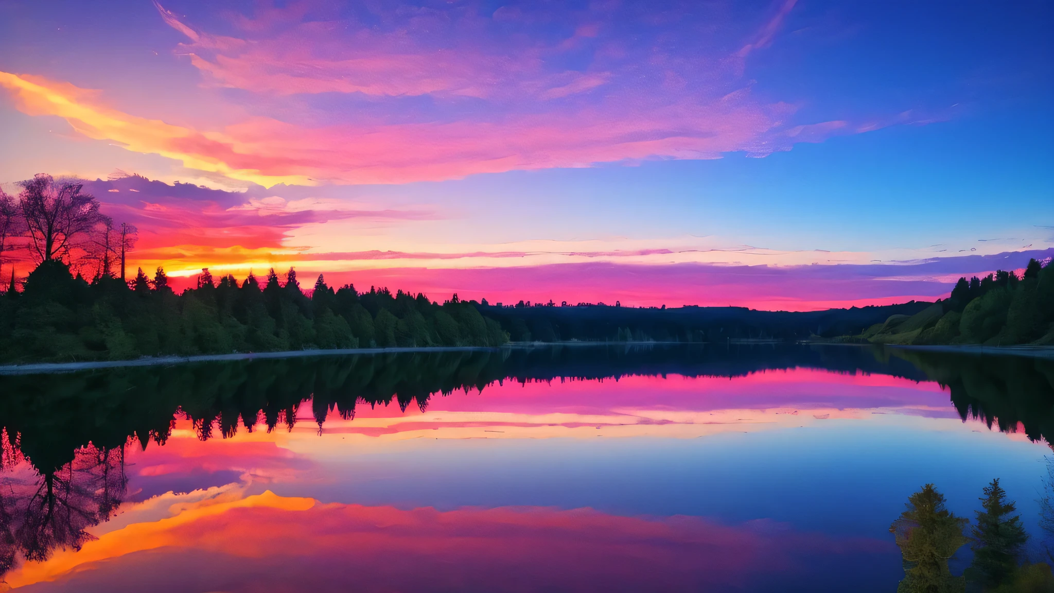 there is a beautiful sunset with a lake and trees in the background, colorful skies, surreal colors, colorful sunset, colorful sky, marvellous reflection of the sky, stunning sky, dream like atmosphere 8k, colorful clouds, colors reflecting on lake, surreal sky, red and blue reflections, fire reflection, beautiful sky, beautiful and spectacular dusk, beautiful dreamy landscape, amazing sky