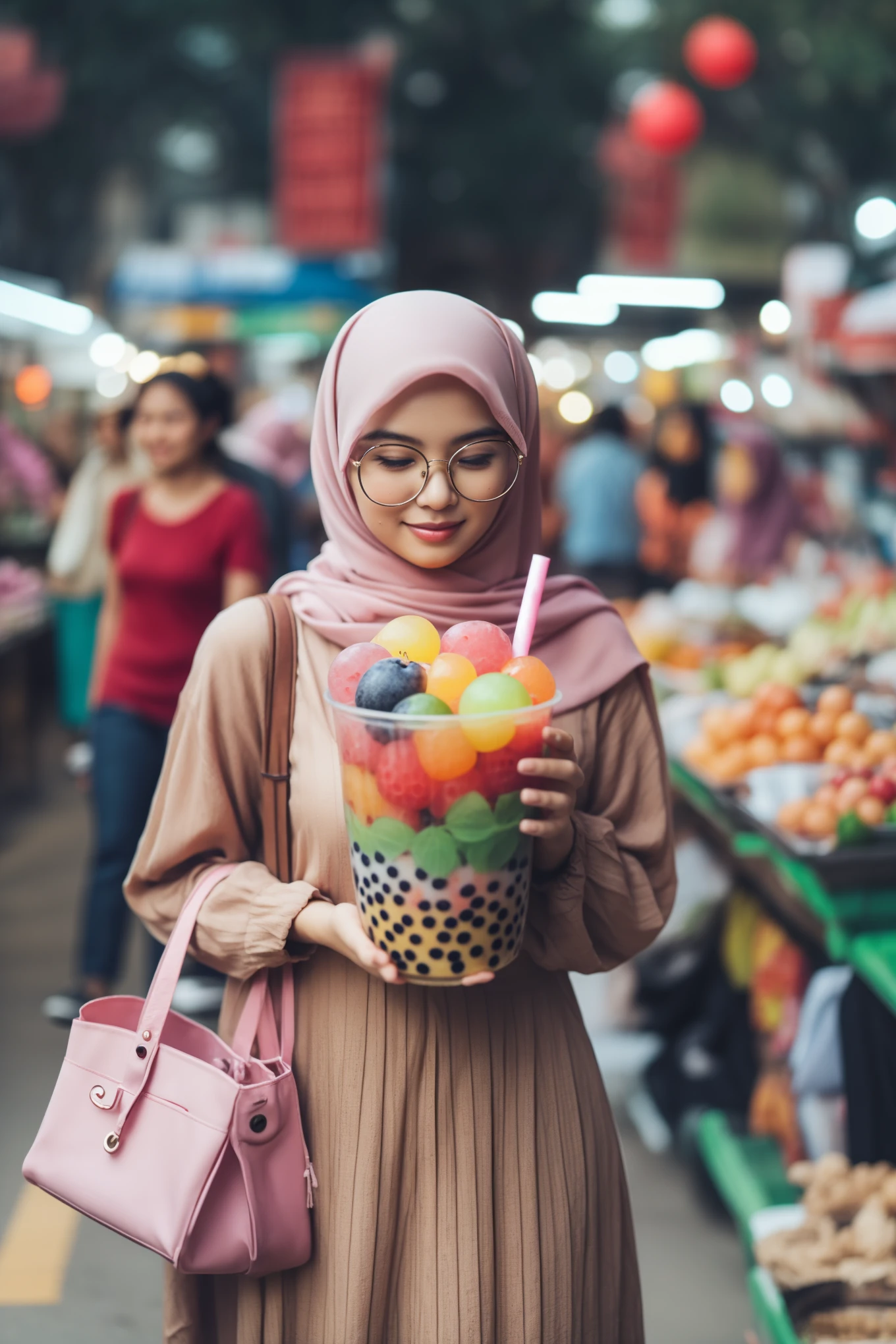 woman in hijab holding a bowl of fruit and a drink, cute woman, middle eastern style vendors, malaysian, hijab, semi realism, beautiful arab woman, beautiful female, beautiful iranian woman, attractive girl, gorgeous lady, beautiful oriental woman, portrait shot, with beautiful exotic, wearing a melon, inspired by Maryam Hashemi, by Basuki Abdullah, beautiful woman, beautiful aesthetic