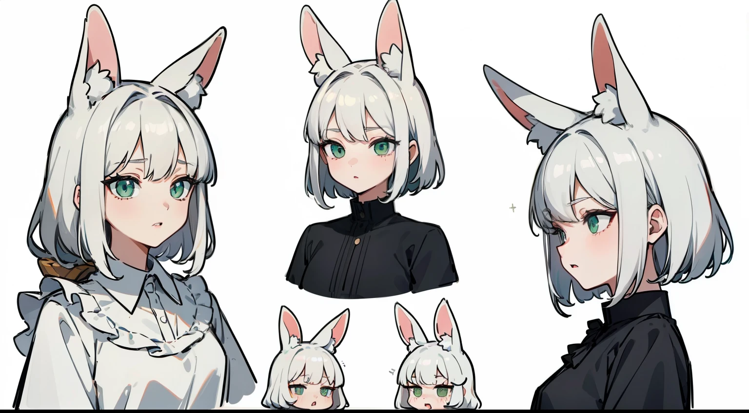 ((Masterpiece, Highest quality)), ((Tsurime)),Detailed face, character sheets, full bodyesbian, 1boys,shoun，children's，Babe，green eyes, White hair, medium hair , hair between eye,Black loose blouse, Full of details, Multiple poses and expressions, Highly detailed, Depth, Many parts a graceful wild rabbit girl with silver hair, sparkling eyes, delicate skin, crimson lips, furry ears, fluffy tails,