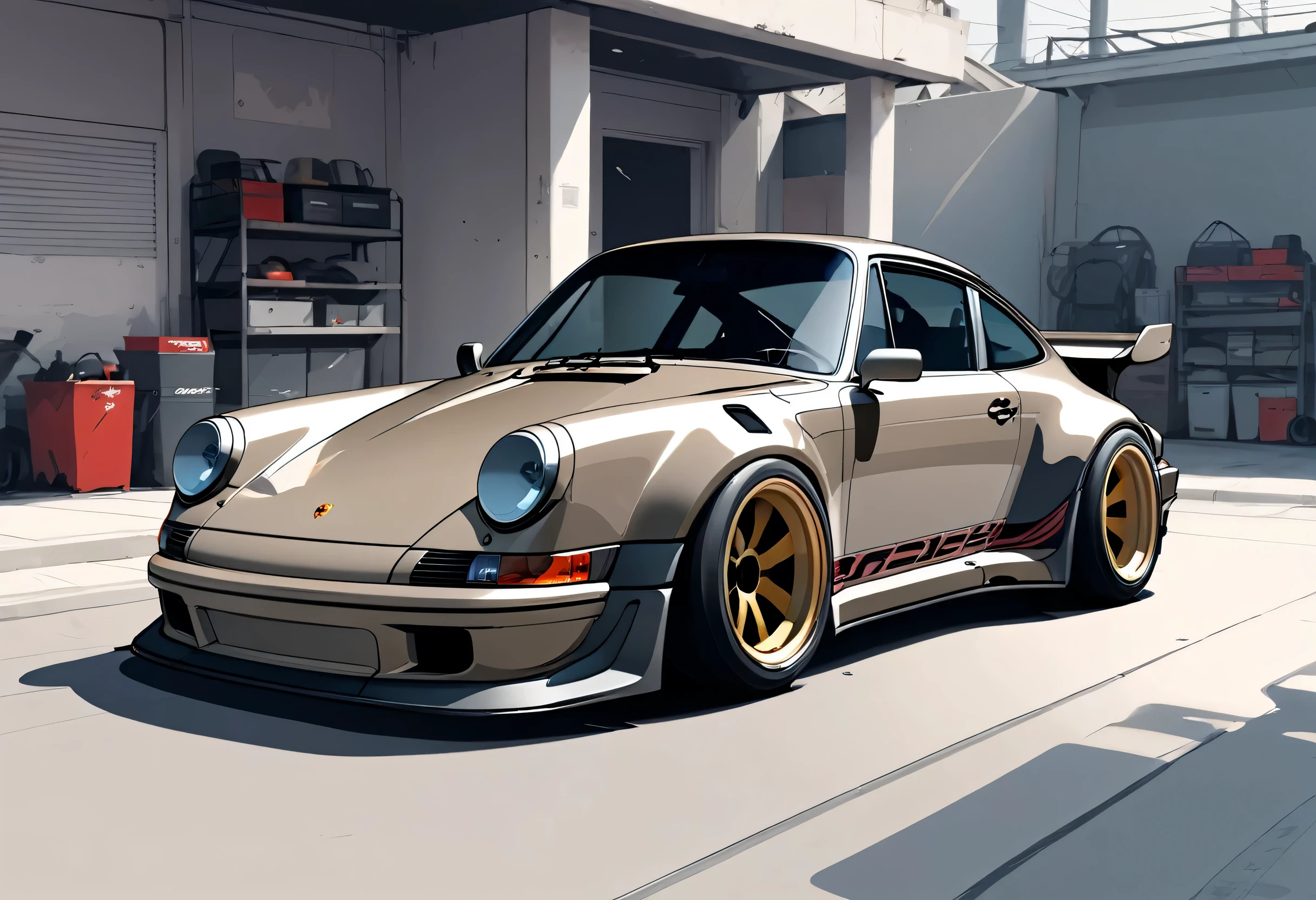 A Porsche 911 rwb， Minimalist, Disjointed,Editor， illustration ，Dark beige and battleship grey