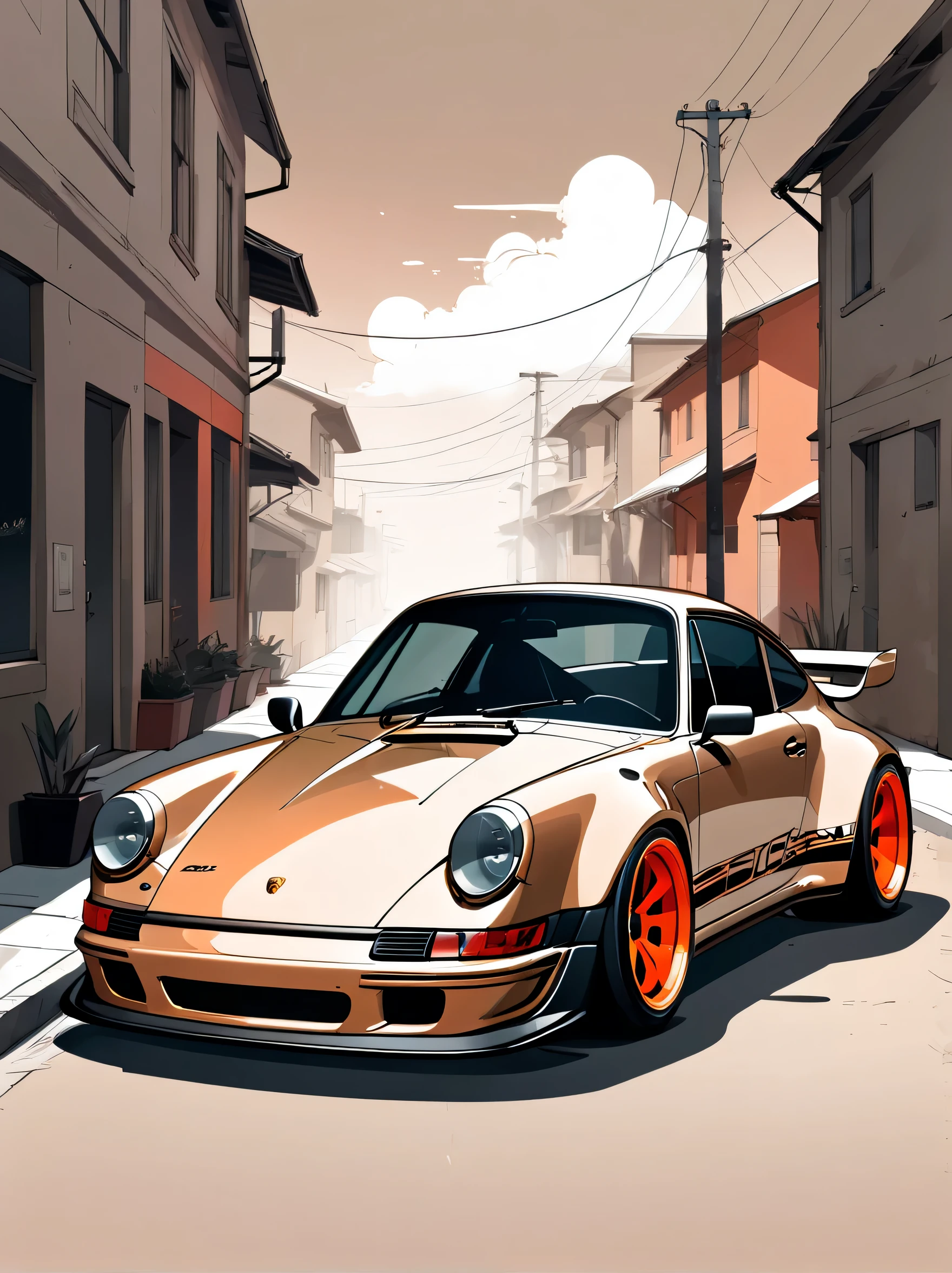 A Porsche 911 rwb, Minimalist, Disjointed,Editor, illustration ,Dark beige and copper