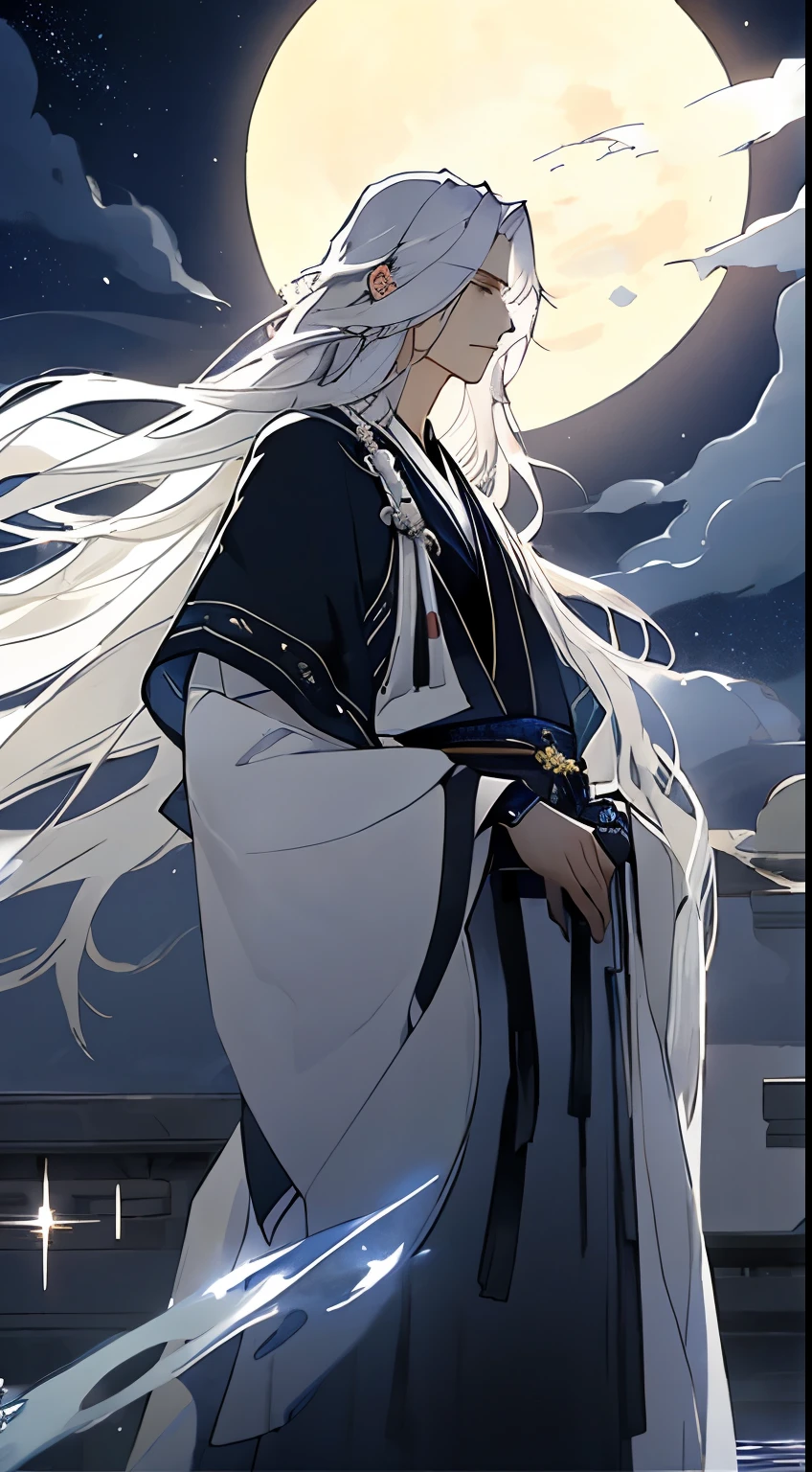 The male，Male，White Hanfu，long  white hair，Long flowing hair，Wide robe with large sleeves，Ancient wind，Solid color clothes，The clothes do not have any patterns，laughingly，softlighting，water ink，Behind it is the full moon，low-saturation，low-contrast，floodlight