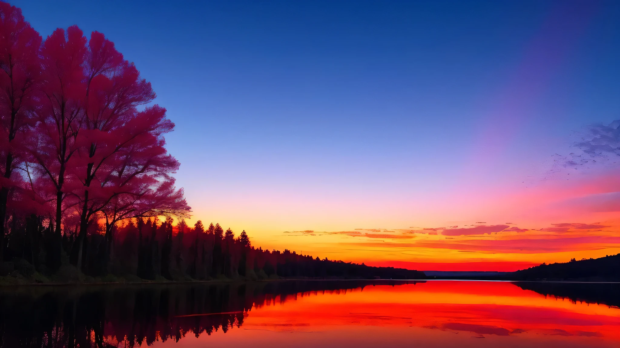 there is a beautiful sunset with a lake and trees in the background, colorful skies, surreal colors, colorful sunset, colorful sky, marvellous reflection of the sky, stunning sky, dream like atmosphere 8k, colorful clouds, colors reflecting on lake, surreal sky, red and blue reflections, fire reflection, beautiful sky, beautiful and spectacular dusk, beautiful dreamy landscape, amazing sky