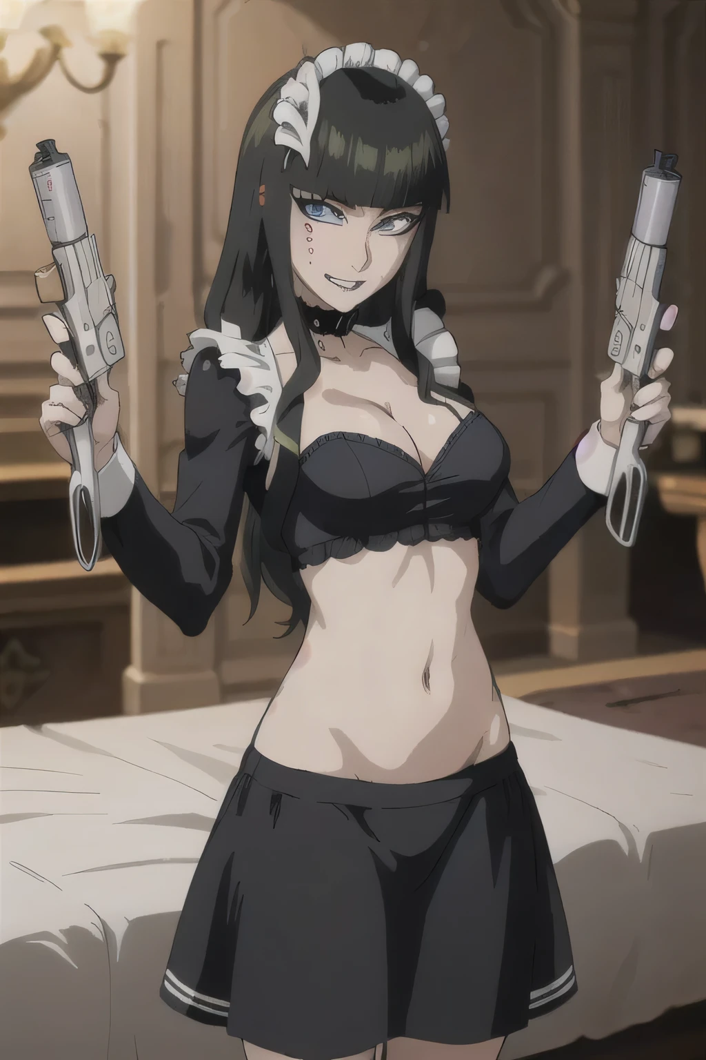  cyan_sung-sun, 1girl, solo, long black hair, purple eyes , large breasts, jewelry, earrings, complex detailed background, casino environment, fancy interior environment, rich
interior, masterpiece, best quality, highly detailed, a anime girls in maid uniforms with a gun posing for a
picture, maid outfit, cleavage, evil smile, smile, open mouth ,ecchi anime style, anime girls, ecchi style,
ecchi, digital anime art!!, in anime style, official artwork, (nsfw) not safe for work, beautiful anime maid
girl, anime style 4 k, micro skirt, exposed belly, exposed navel, exposed midriff, exposed lower belly,
holding a gun,