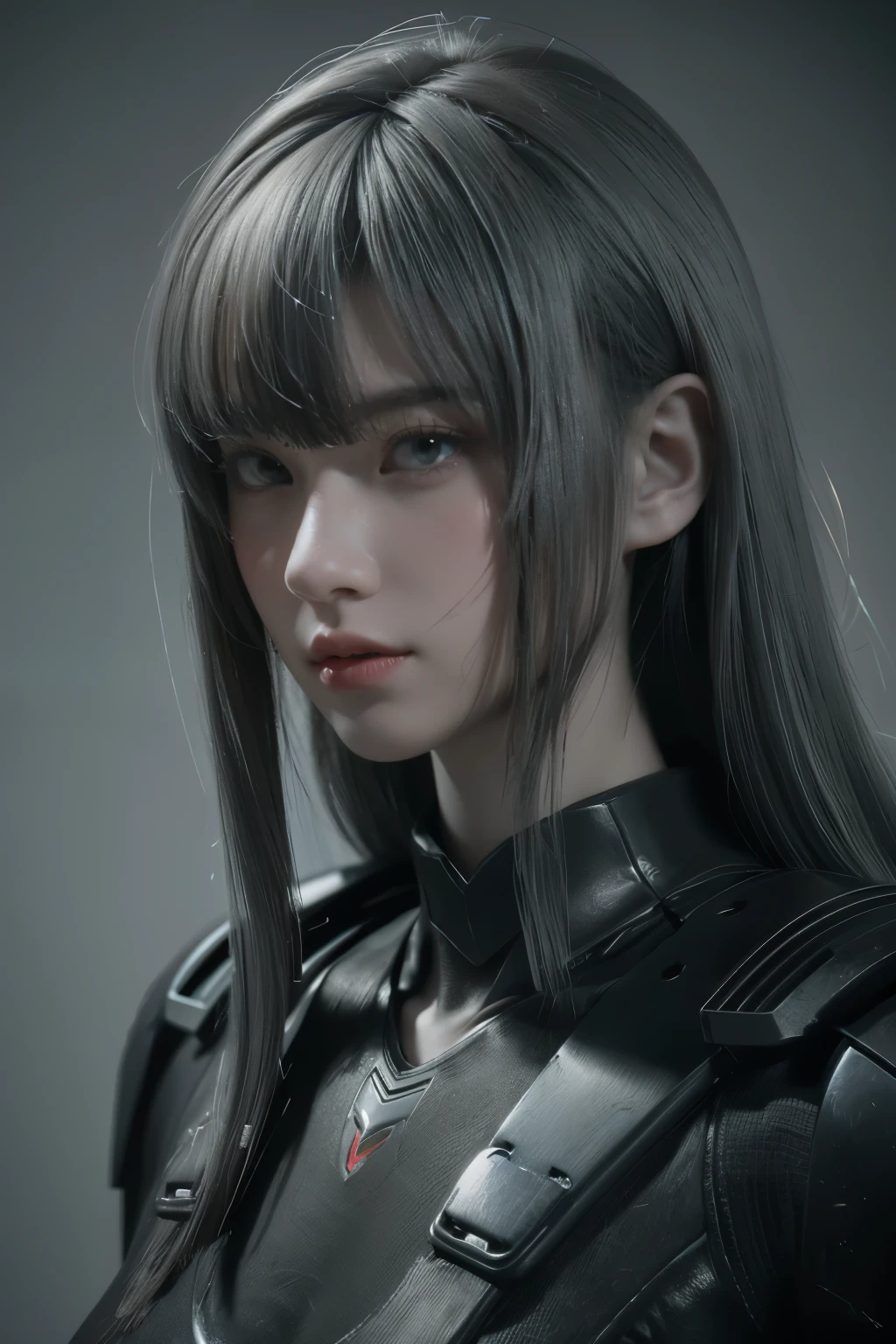 Masterpiece,Game art,The best picture quality,Highest resolution,8K,(Portrait),Unreal Engine 5 rendering works,(Digital Photography),((Portrait Feature:1.5)),
20 year old girl,Short hair details,With long bangs,(The red eye makeup is very meticulous),(With long gray hair:1.4),(Large, full breasts),Elegant and noble,Brave and charming,
(Future armor combined with the characteristics of ancient Chinese armor,Hollow design,Power Armor,The mysterious Eastern runes,A delicate dress pattern,A flash of magic),Warrior of the future,Cyberpunk figures,Background of war,
Movie lights，Ray tracing，Game CG，((3D Unreal Engine))，OC rendering reflection pattern