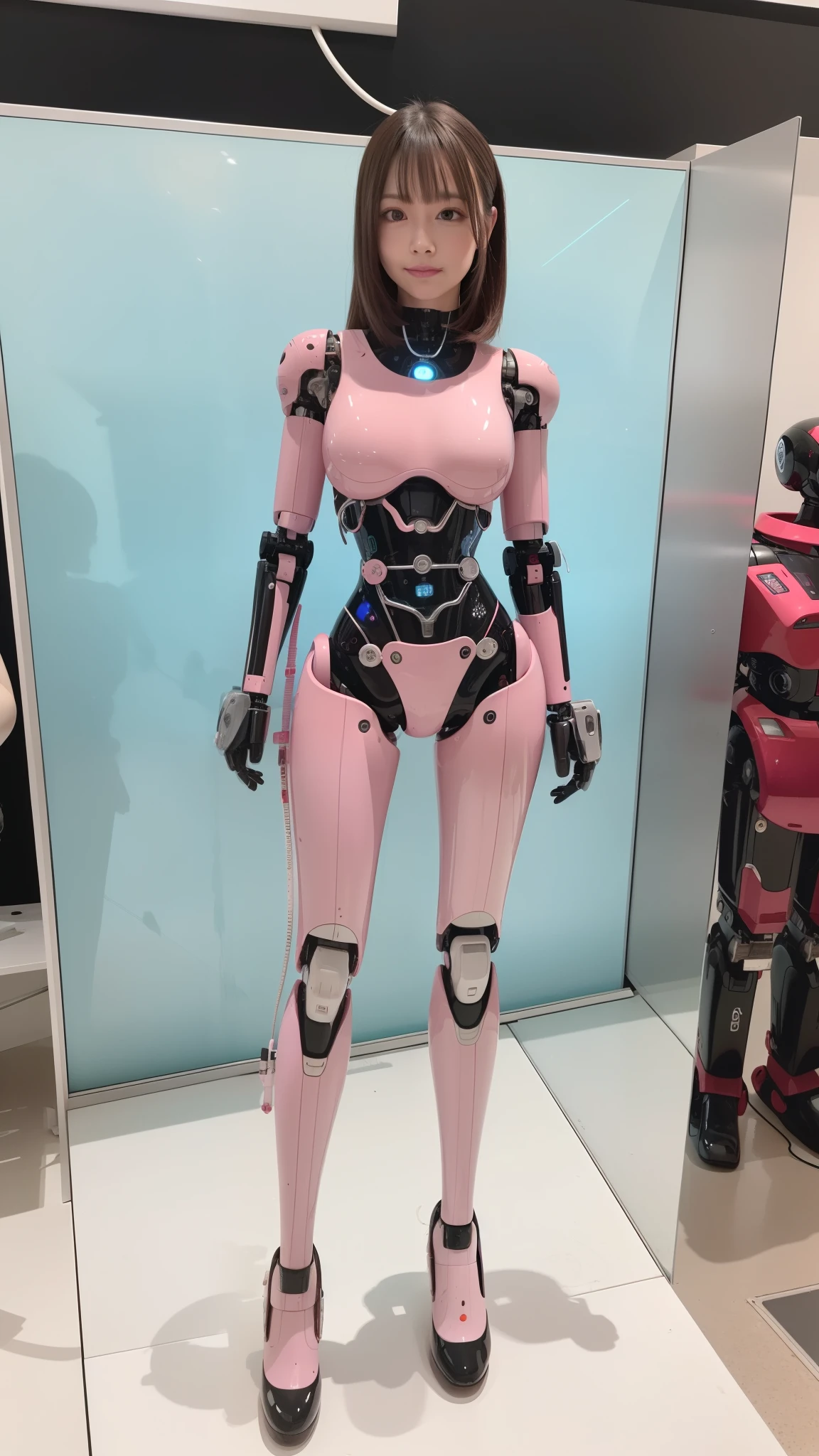 masterpiece, best quality, extremely detailed, (8K, 4K, Best Quality, Hight resolution, 超A high resolution:1.1), 8K portrait,1girl in, Japanese android girl, android teacher, control panels, android, Droid, Mechanical Hand, ,Robot arms and legs, Black hair, Mechanical body, Blunt bangs, Pink Robotics Parts, perfect robot woman, Charging spot, Long Tube, A thick cable was connected to her neck, ceramic body , android, robot humanoid, panty, full eyes, perfect mechanical body, pink robotics body, future assembly plant, Pink body, She has repaired, lack sponge joints, android assembly plant, android, laboratory, platform boots, perfect machine body, pink robot body