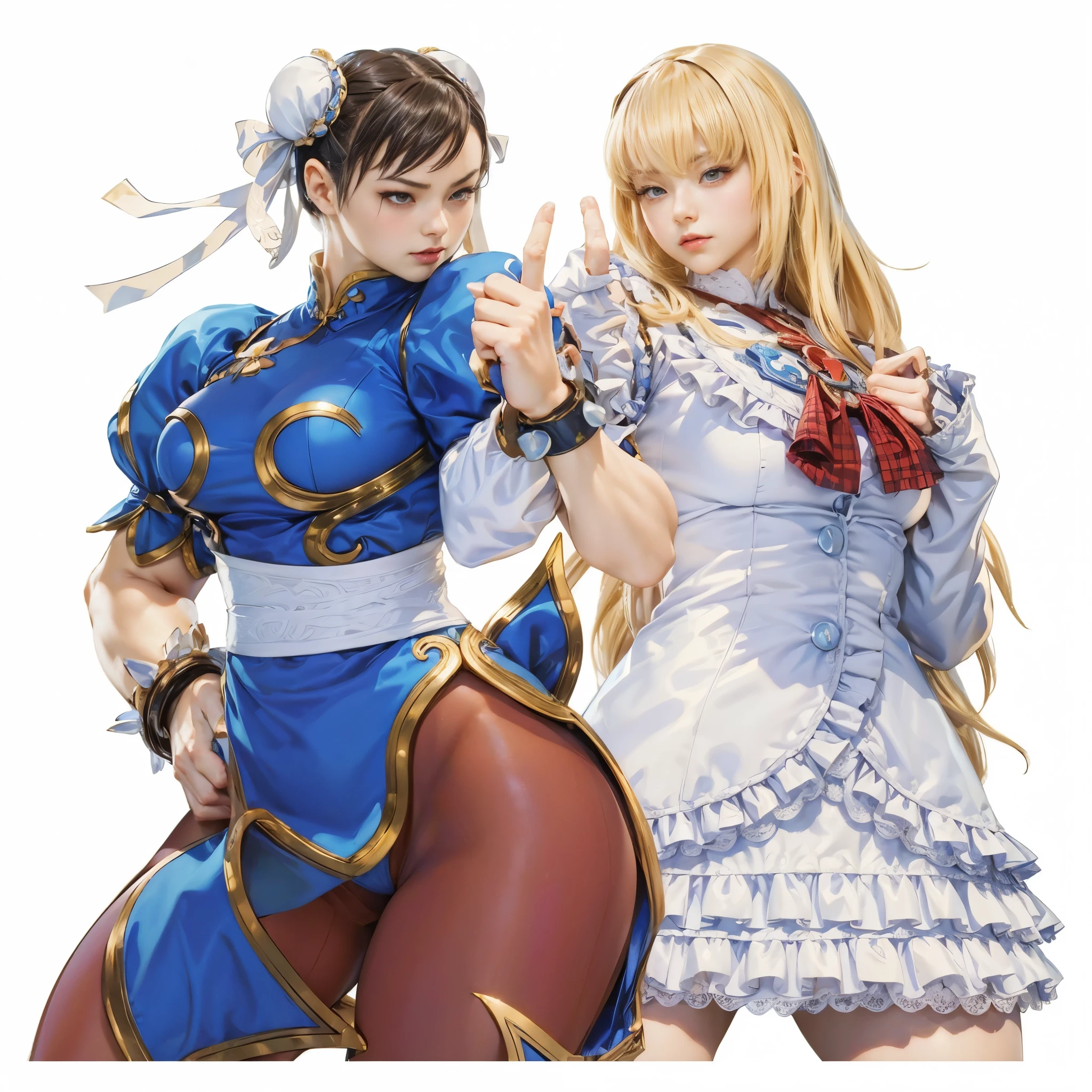 anime characters dressed in costumes and holding hands up, chun li, fujita goro and jones, portrait of chun - li, chun - li, chun-li, portrait of chun li, official art, hq artwork, fighting pose, fighting game character, range murata and artgerm, cushart krenz key art feminine, evangelionic illustration