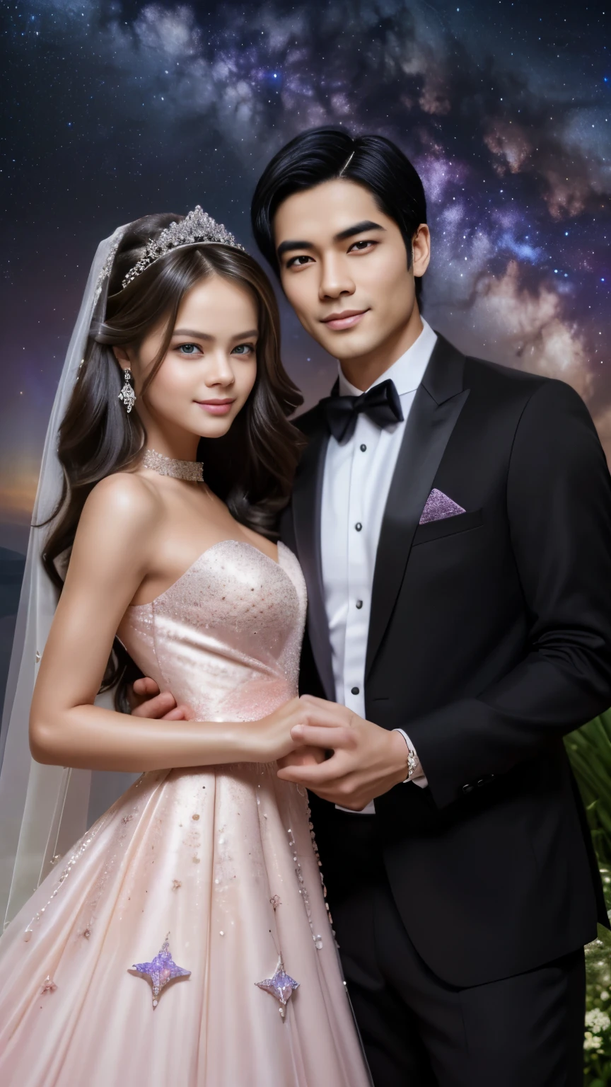 (A handsome man and beautiful woman get married in the award-winning photo. oriental. black hair. Both are in their early twenties. The two looked at the camera with smiles on their faces ((facial and body characteristics that is similar to Kristina Pimenova))), Detailed, ultra-realistic features of her pale skin and (slender and athletic body), and (Symmetrical, realistic and beautiful face), anatomically correct, masterpiece, (lifelike:1.4), 8k, ultra high definition. Galaxy Stardust Retreat, Stardust clouds in the sky, Cosmic purples and pinks, Celestial style dress, stardust accessories, Elegant stardust hairstyle, Fantasy stargazing pose, Stardust background in the sky, Digital SLR camera with soft focus function.