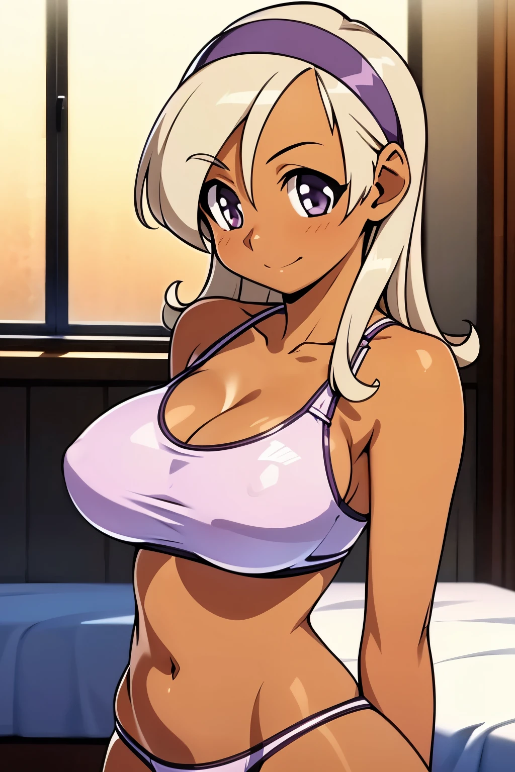 Hyuuga miki,Final Romance, Long hair, Blonde hair,((Brown skin)),purple hair band,large breasts,everyday wear