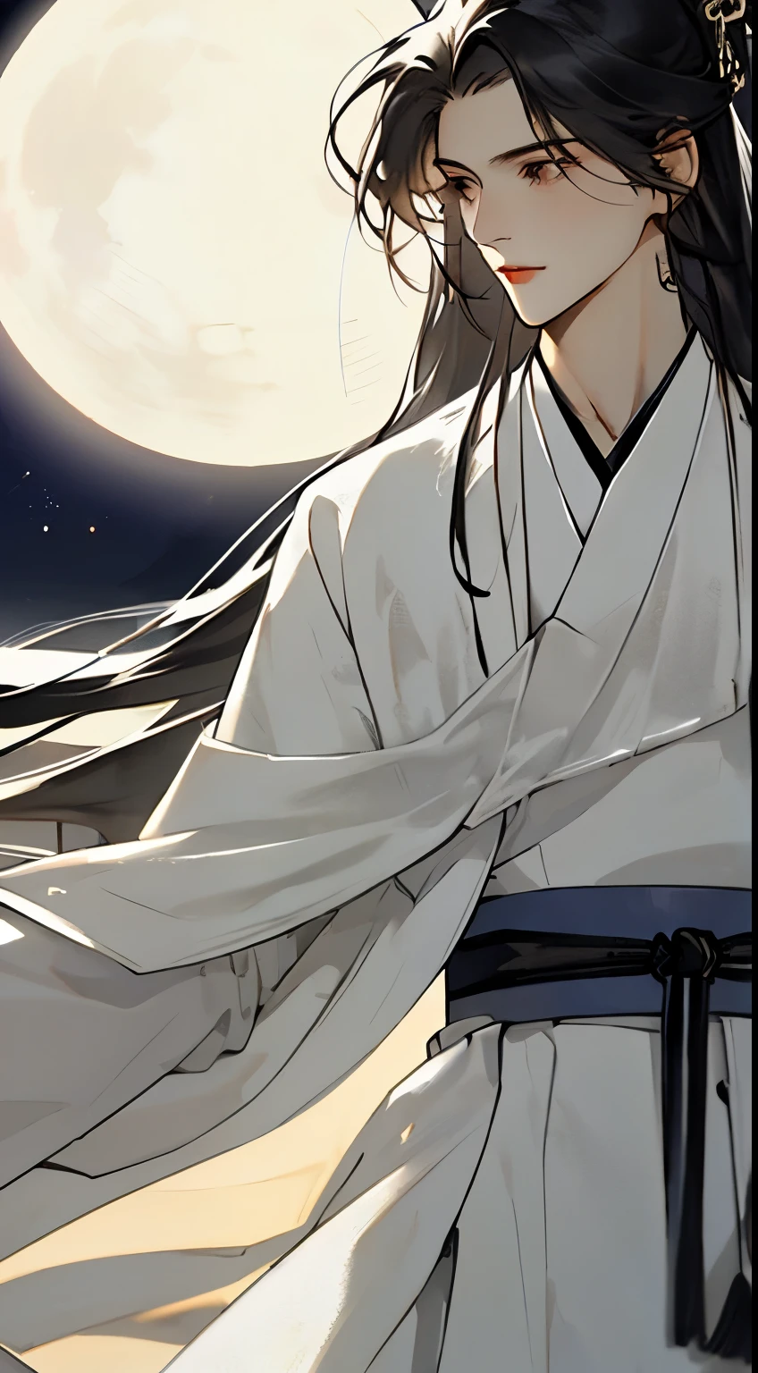 male，male，white hanfu，long white hair，flowing long hair，Wide-sleeved robe，antiquity，Solid color clothes，The clothes do not have any patterns，soft light，ink，Behind is the full moon，low saturation，low contrast，floodlight，Dynamic sense
