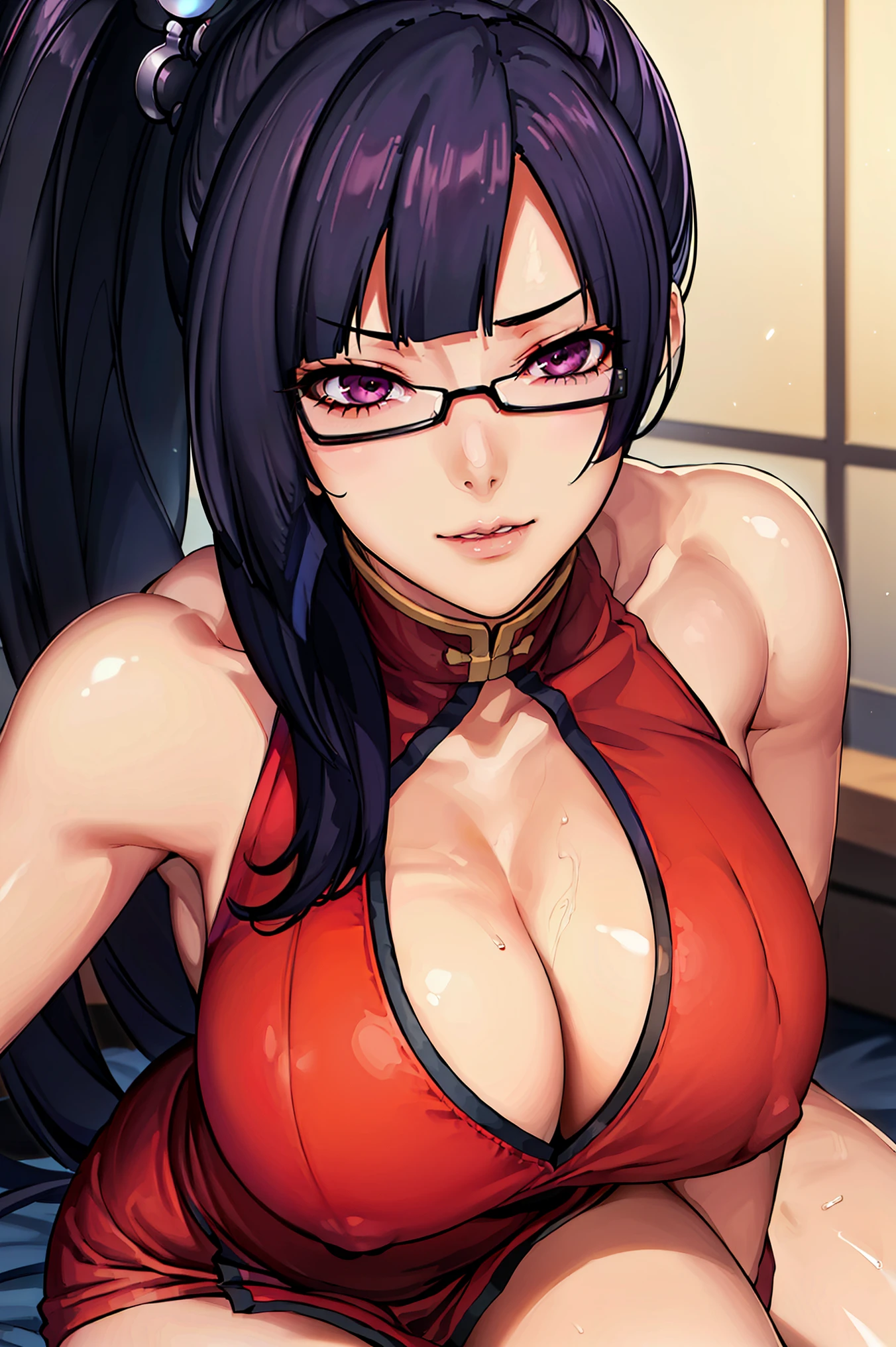very tempting pose, (at hospital), (hospital background), Red dress, chinese clothes, cleavage cutout, clothing cutout, bare shoulders, semi-rimless eyewear, black hair, very long hair, ponytail,Bangs,purple eyes, 1 girl, 20yo,Young female,Beautiful Finger,Beautiful long legs,Beautiful body, Beautiful Nose,Beautiful character design, perfect eyes, perfect face,expressive eyes, perfect balance, looking at viewer,(Focus on her face), official art,extremely detailed CG unity 8k wallpaper, perfect lighting,Colorful, Bright_Front_face_Lighting,White skin, (masterpiece:1.0),(best_quality:1.0), ultra high res,4K,ultra-detailed, photography, 8K, HDR, highres, absurdres:1.2, Kodak portra 400, film grain, blurry background, bokeh:1.2, lens flare, (vibrant_color:1.2),professional photograph, (Beautiful,huge_Breasts:1.4), (beautiful_face:1.5),(narrow_waist)
