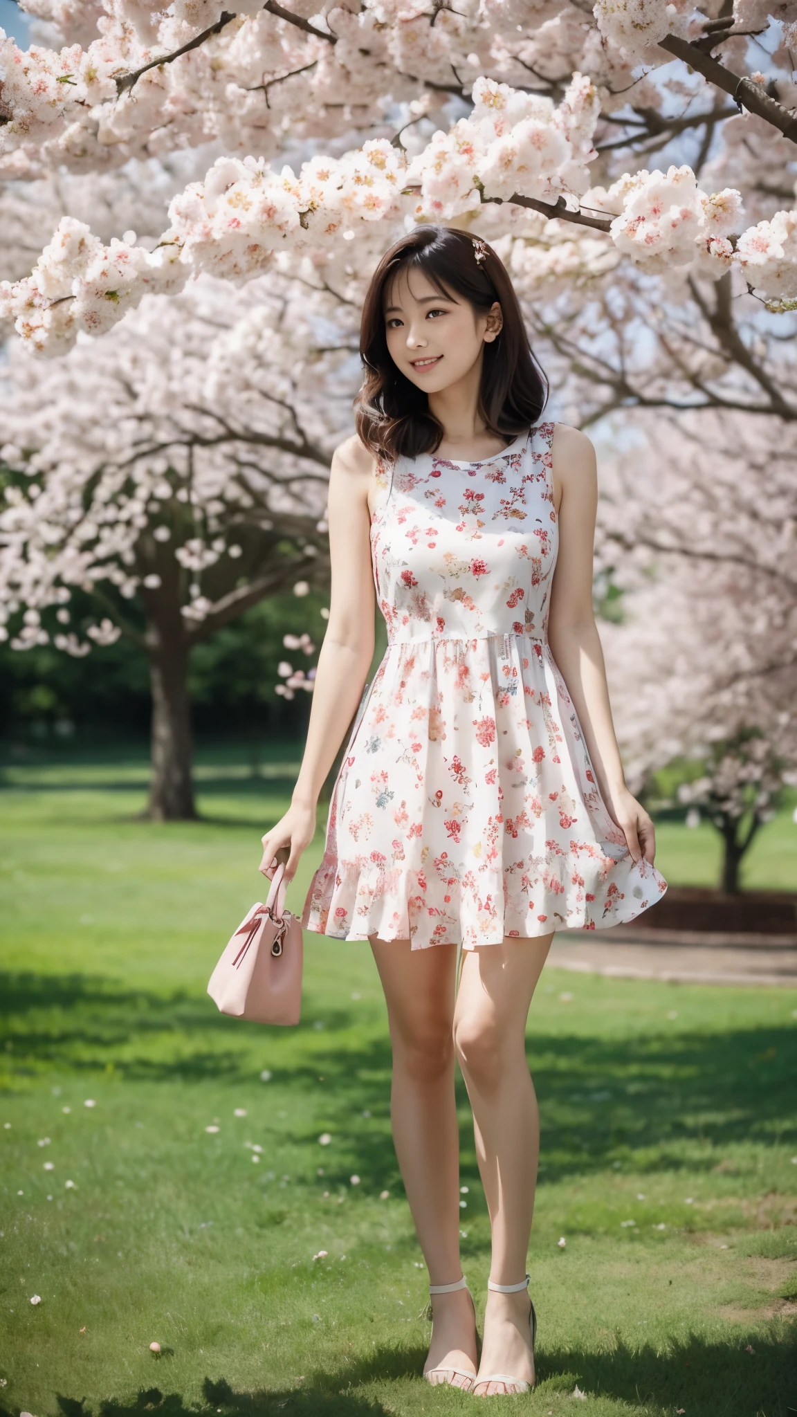 Full body, under the cherry tree, in a floral dress.