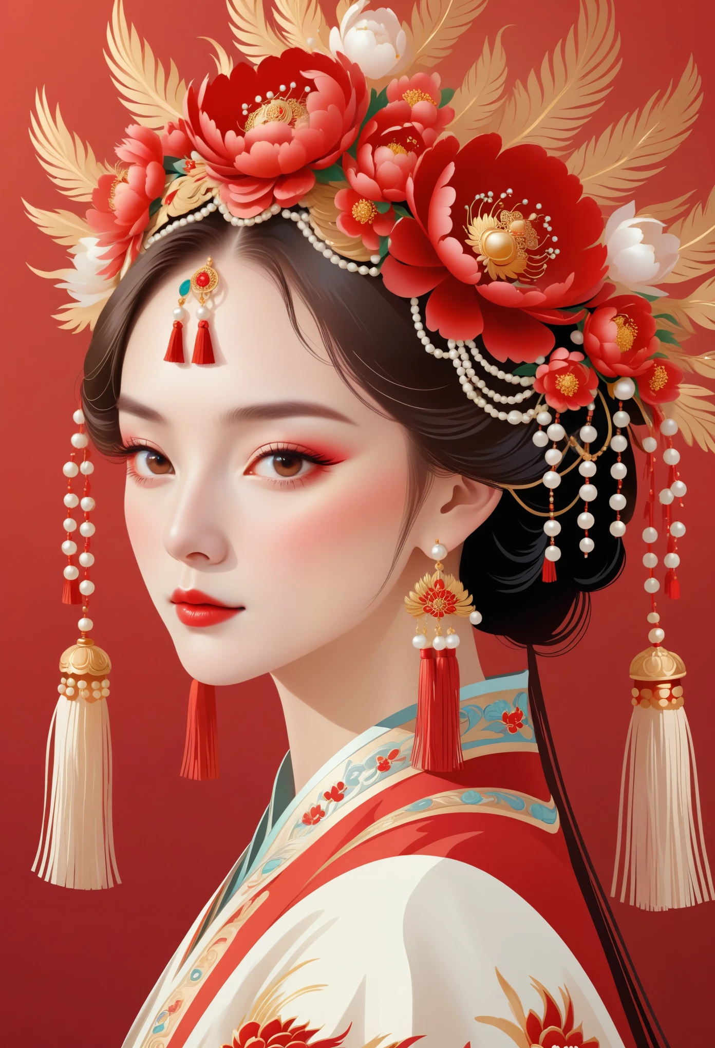 flat,vector,Meticulous,Simple lines,beautiful girl,portrait,Phoenix crown,Tassel headdress,Crown of pearls,Red, Peony background,round background