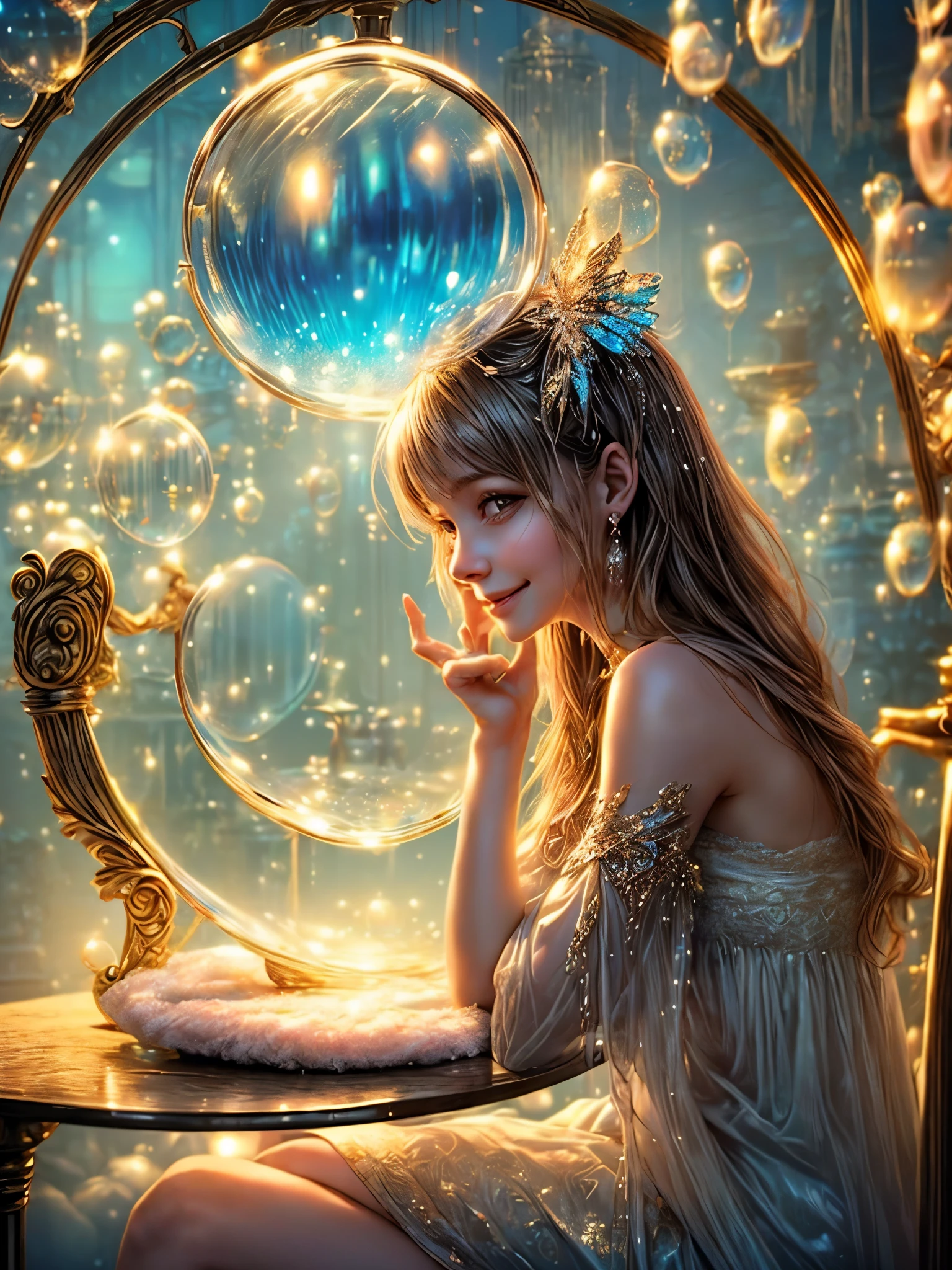 ((1 beautiful young woman traveling inside a (full shot soap bubble: 1.5), sitting on a pink pillow: 1.5)), ((flying through a beautiful and magical fairy tale city: 1.4)), (hyper detailed : 1.3), ((clothes delicate dress with flower decorations: 1.4)), ((sunset background below a beautiful fairy tale landscape: 1.3)), ((Imaginative scene)), ((Perfect faces and bodies, meticulously detailed: 1.3)), ((far shot: 1.4)),((best quality)), ((masterpiece)), 3D, (((sunset:1.2))), (photorealistic:1.4), ((profile view)), (smiling happily, with her hands resting inside the soap bubble, surprised by the beautiful fairy city:1.4), ((Movie lighting: 1.2)), 32k.