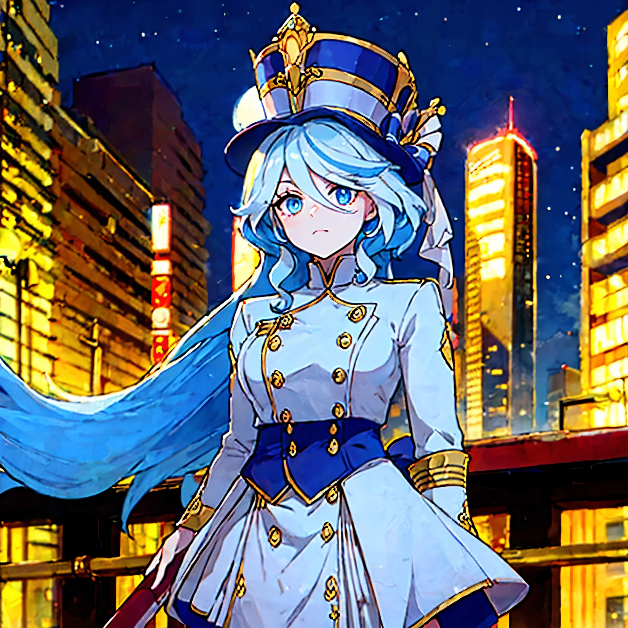 A woman wearing a white martial band uniform with gold details, a white martial band hat, weak blue hair, blue eyes, in a large city at night with several people in the background wearing a martial band uniform.
